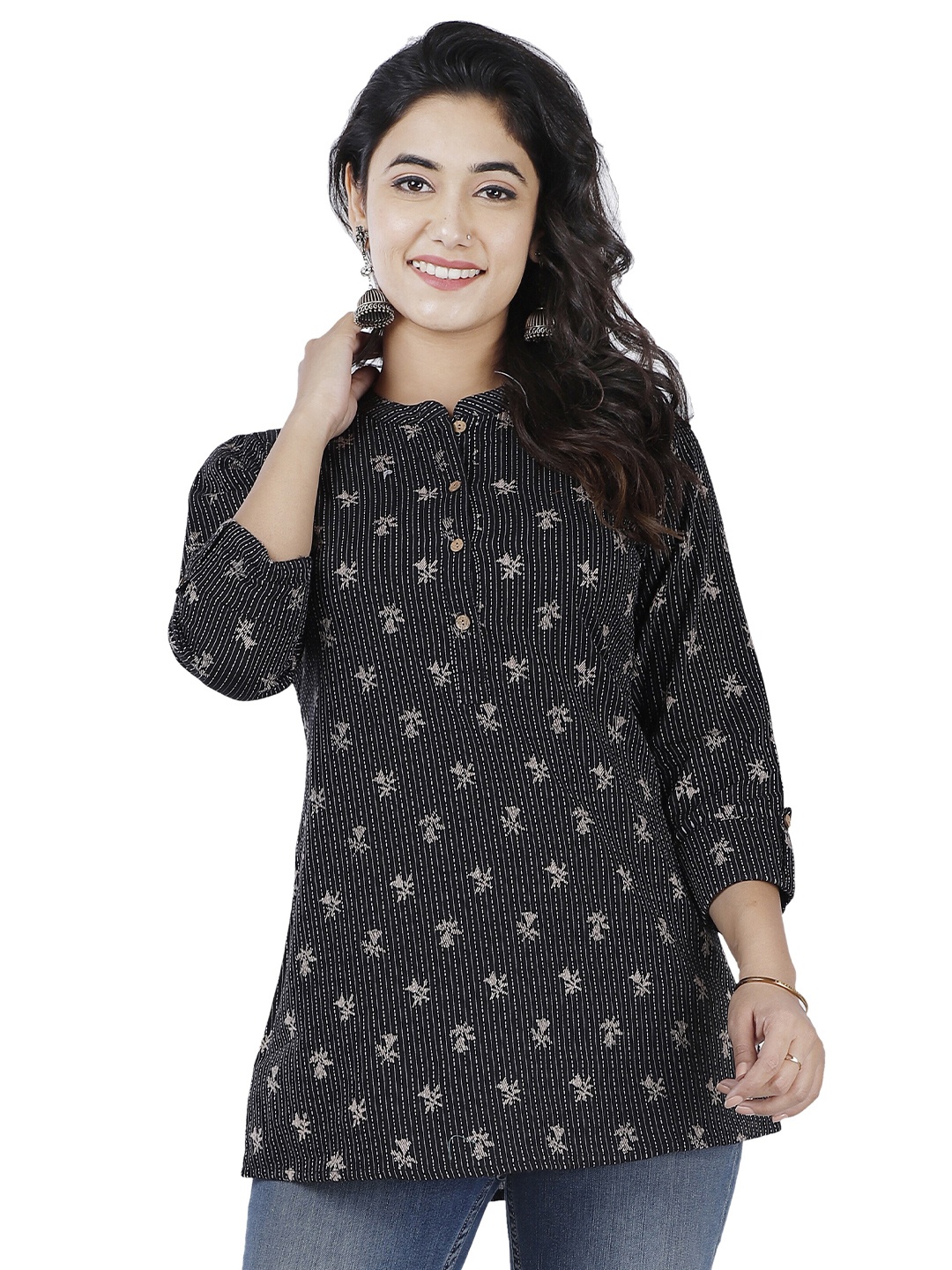 

SIDDHANAM Ethnic Motifs Print Mandarin Collar Longline Pure Cotton Top, Black