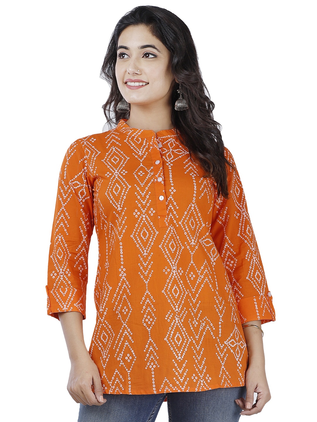 

SIDDHANAM Bandhani Printed Mandarin Collar Cotton Top, Orange