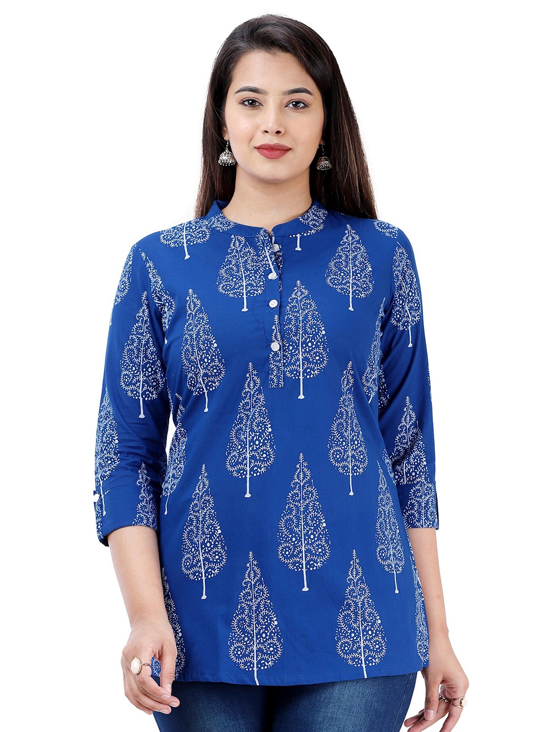

SIDDHANAM Ethnic Motifs Print Mandarin Collar Longline Cotton Top, Blue