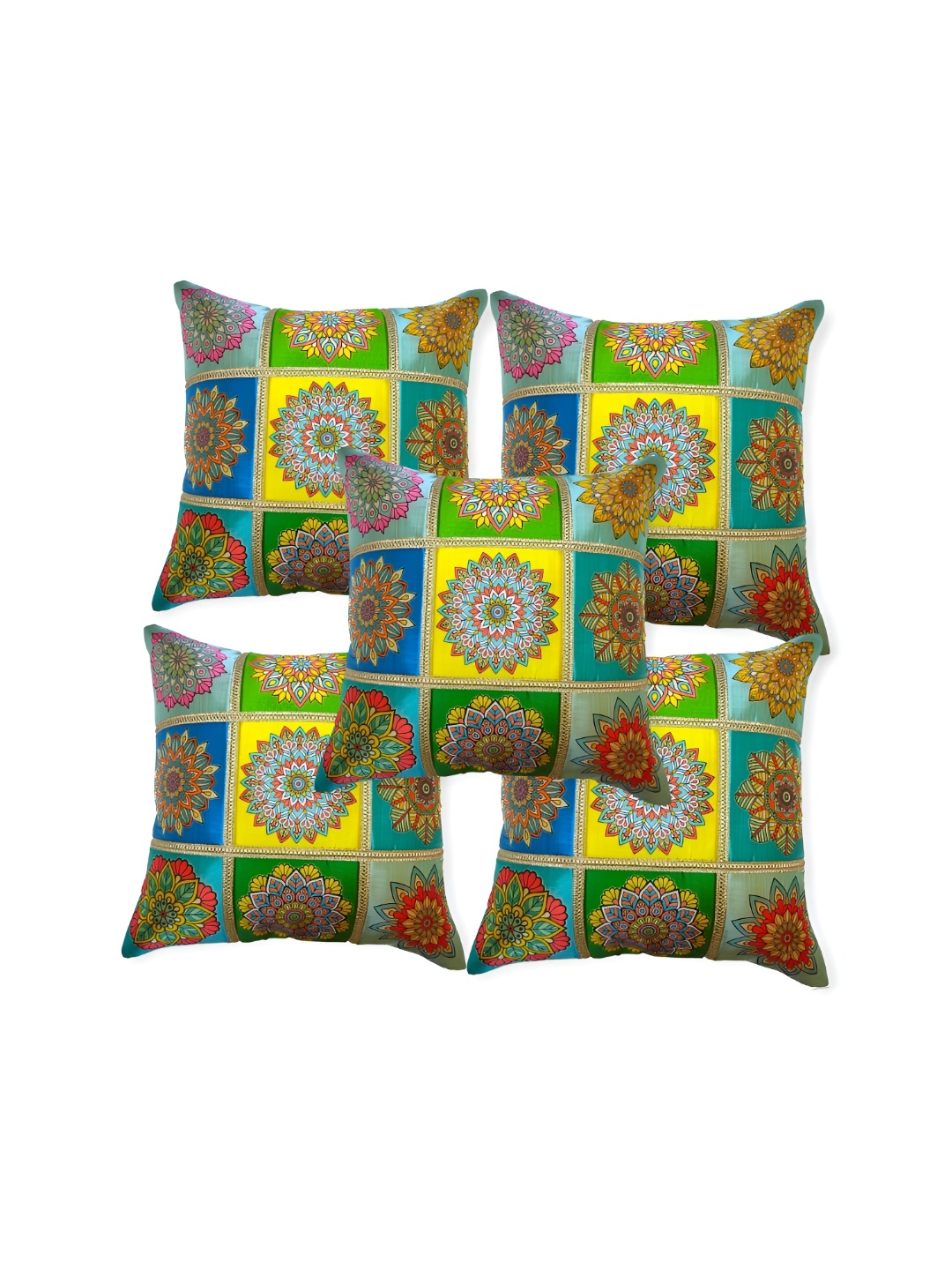 

TANLOOMS Yellow & Green Set of 5 Ethnic Motifs Square Cushion Covers