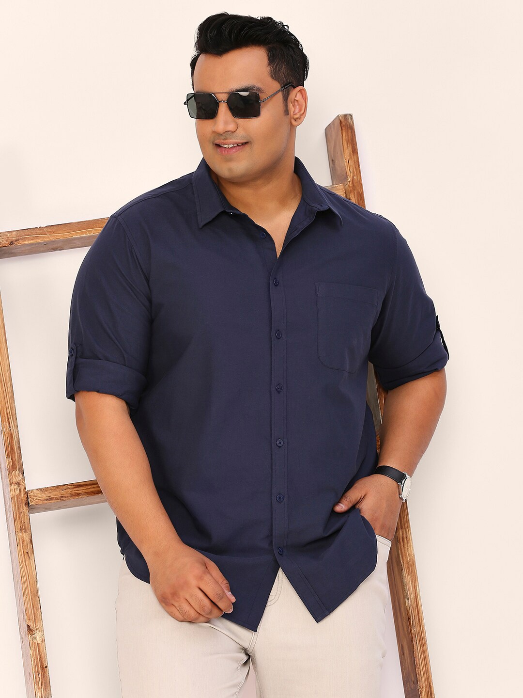 

Sztori Plus Size Standard Roll-Up Sleeves Pure Cotton Casual Shirt, Navy blue