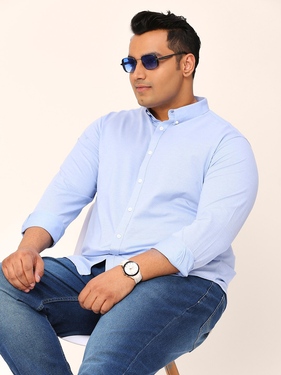 

Sztori Plus Size Standard Textured Pure Cotton Casual Shirt, Blue