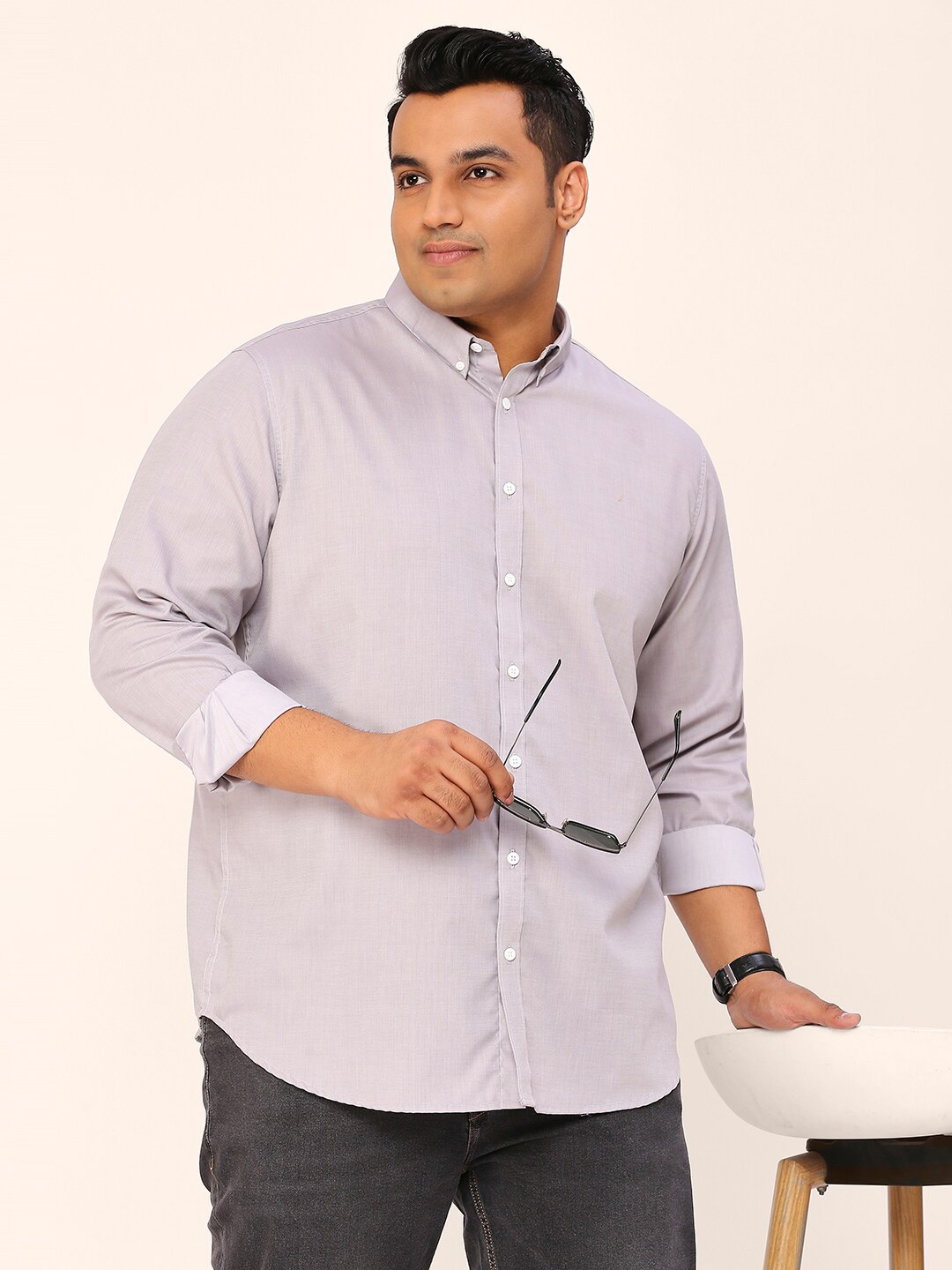 

Sztori Plus Size Standard Button-Down Collar Pure Cotton Casual Shirt, Grey