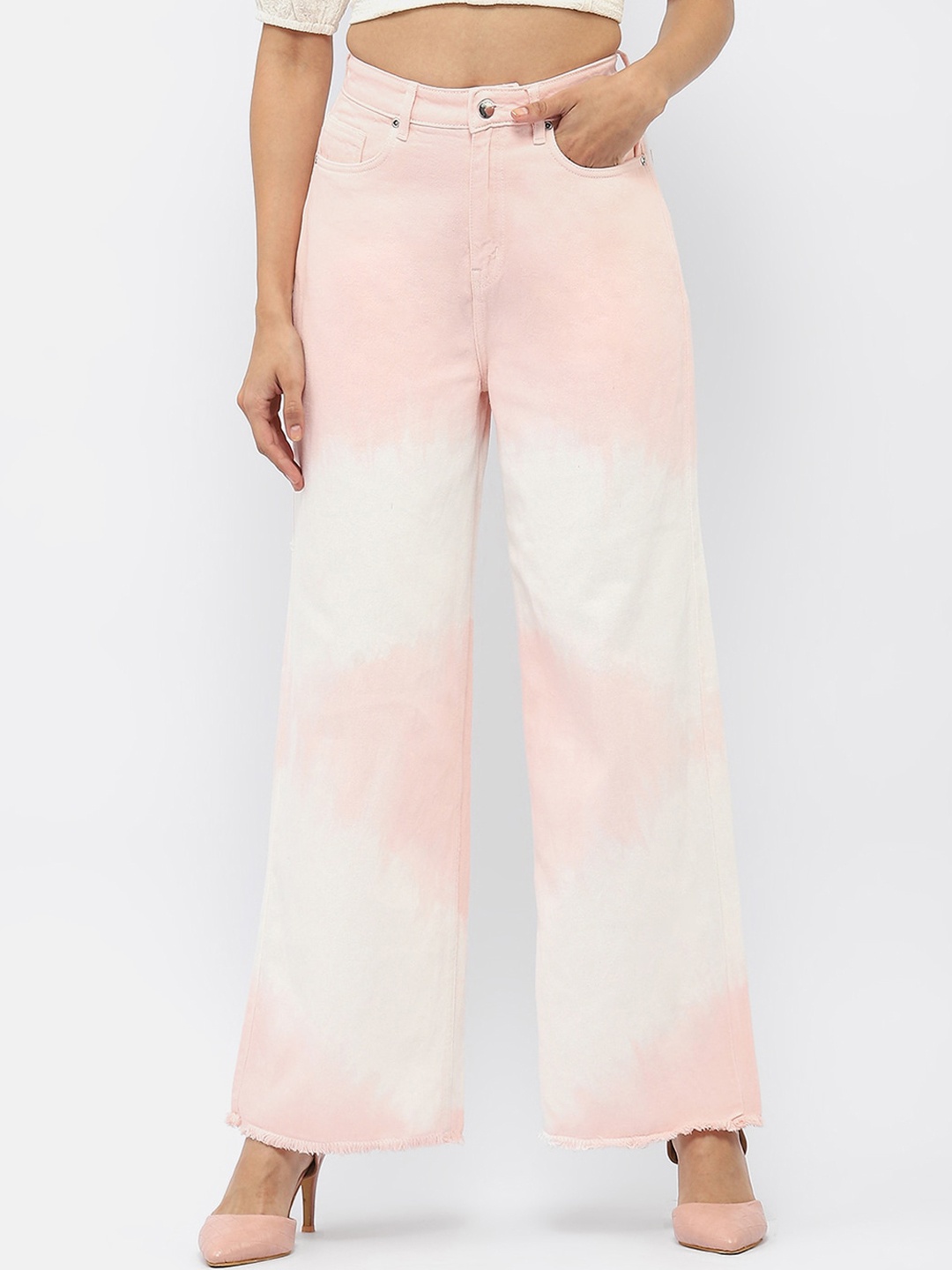 

Madame Women Wide Leg Mid Rise Clean Look Medium Shade Cotton Jeans, Pink