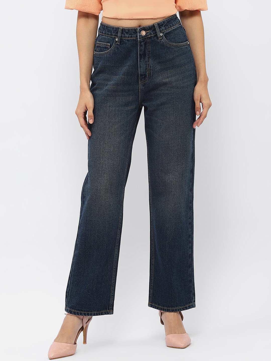 

Madame Women Straight Fit Mid Rise Clean Look Light Fade Cotton Jeans, Blue