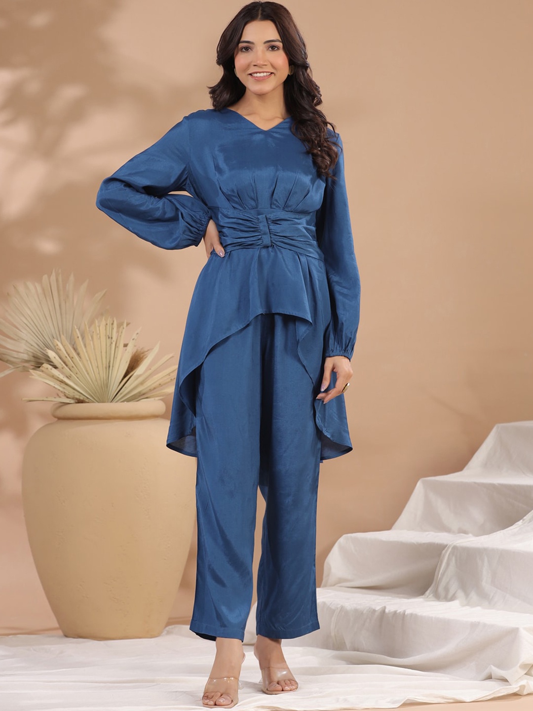 

SANSKRUTIHOMES V-Neck Puff Sleeves Top With Trousers Co-Ords, Blue