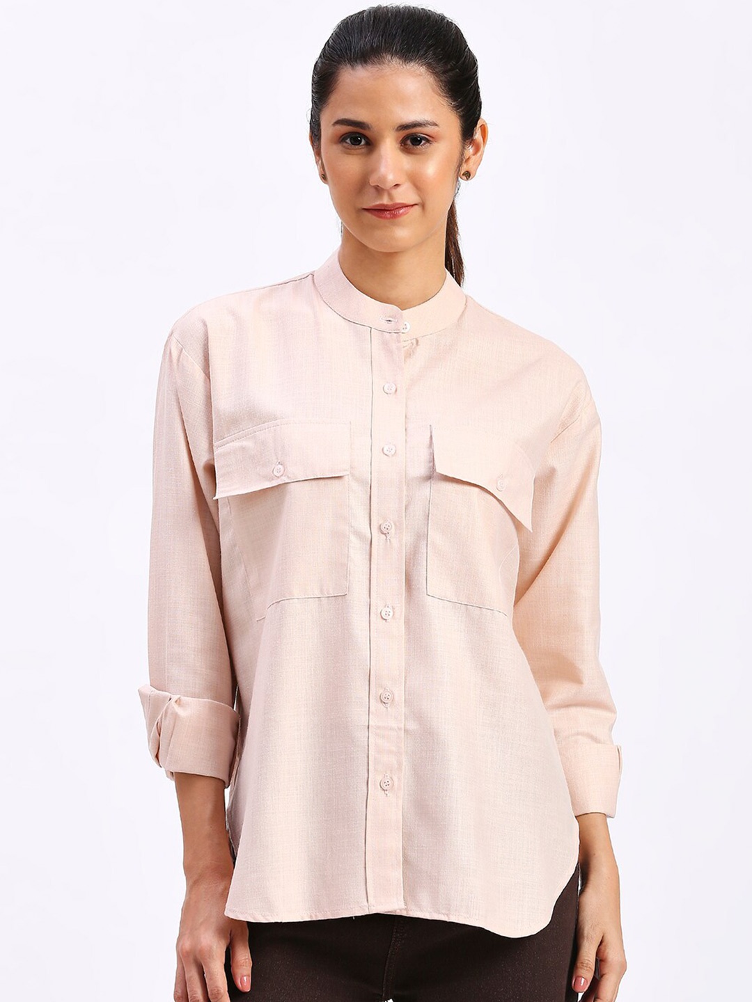 

FITHUB Mandarin Collar Oversized Cotton Casual Shirt, Beige