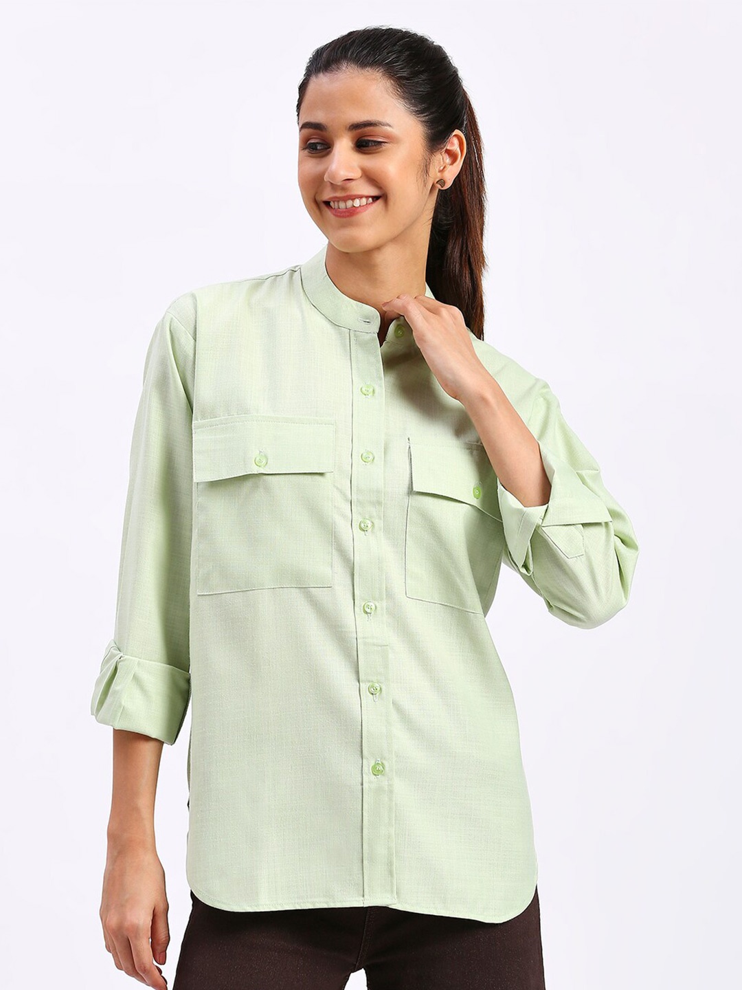 

FITHUB Mandarin Collar Oversized Cotton Casual Shirt, Green