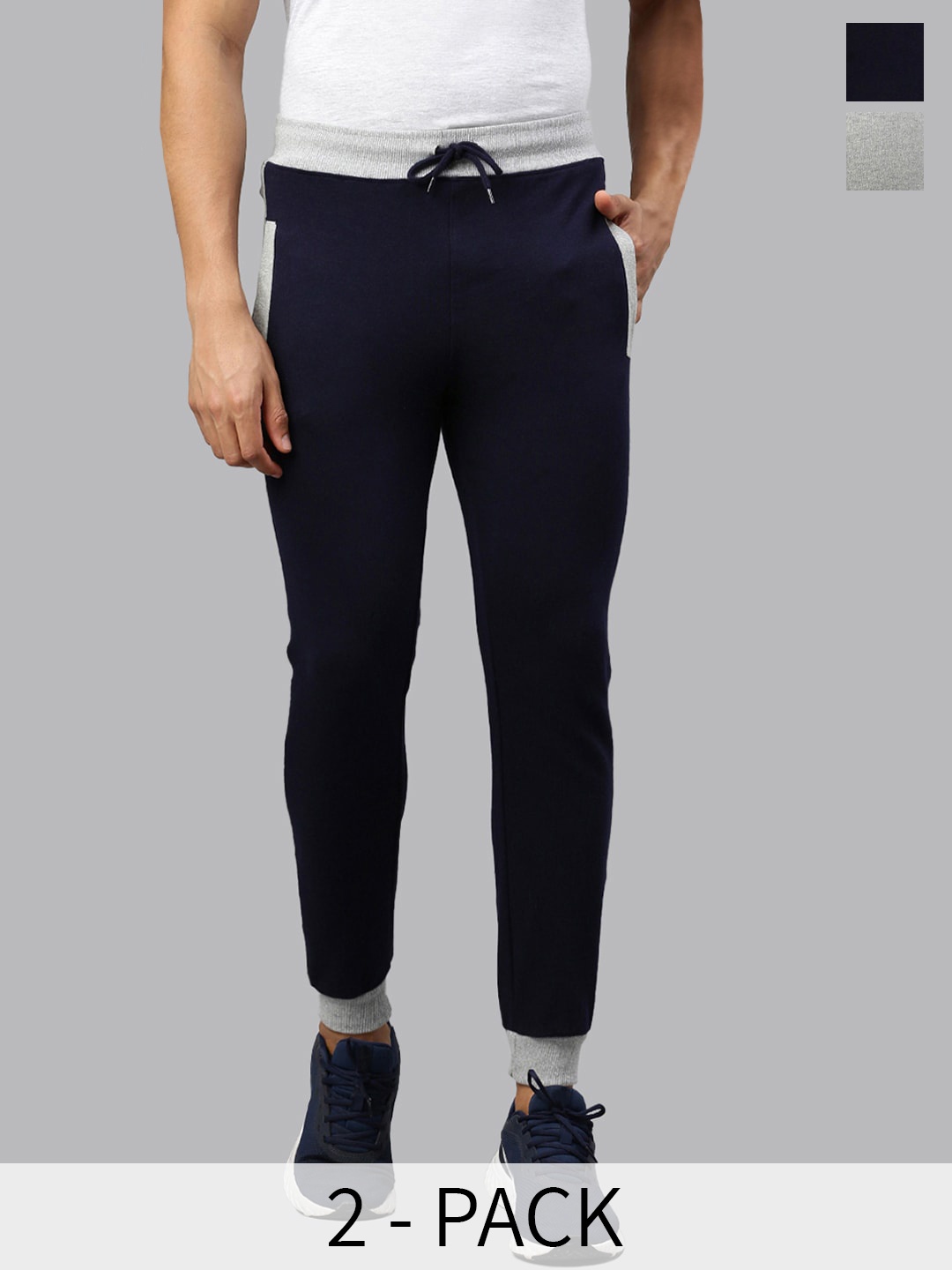 

MADSTO Men Pack Of 2 Cotton Slim Fit Mid Rise Joggers, Navy blue