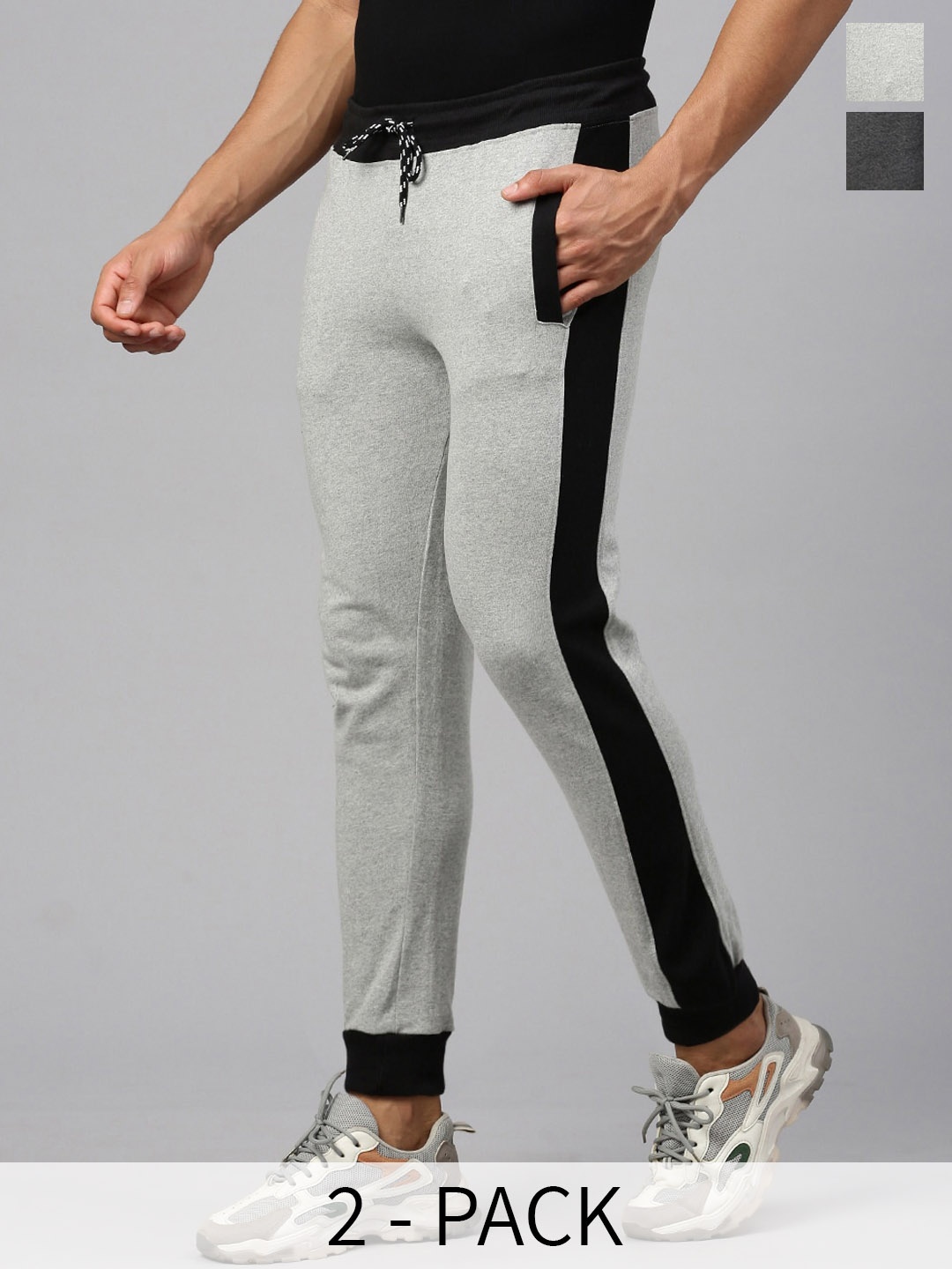 

MADSTO Men Pack Of 2 Mid-Rise Slim-Fit Cotton Joggers, Grey