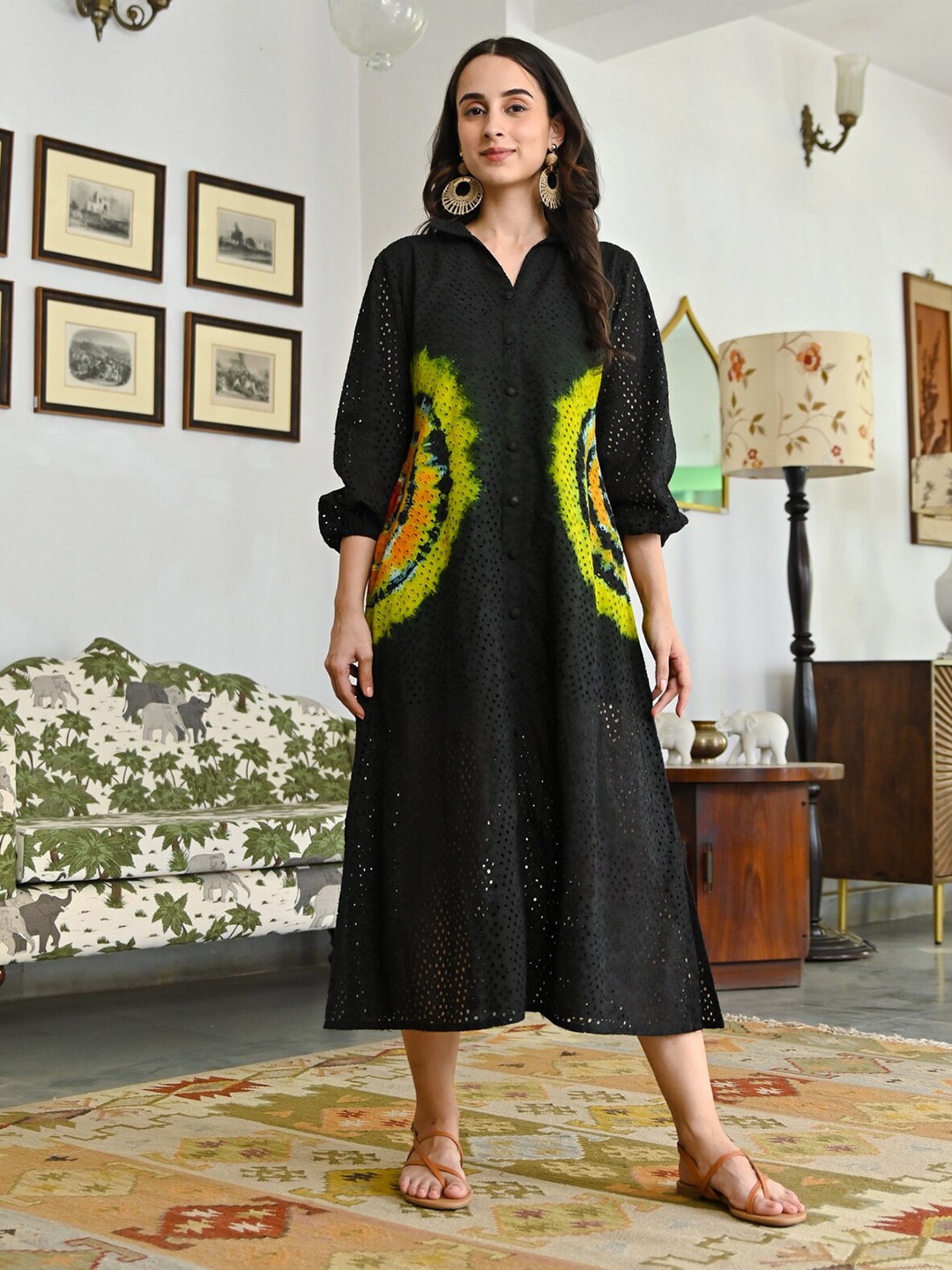 

Rustorange Tie and Dye Print Cotton A-Line Midi Dress, Black