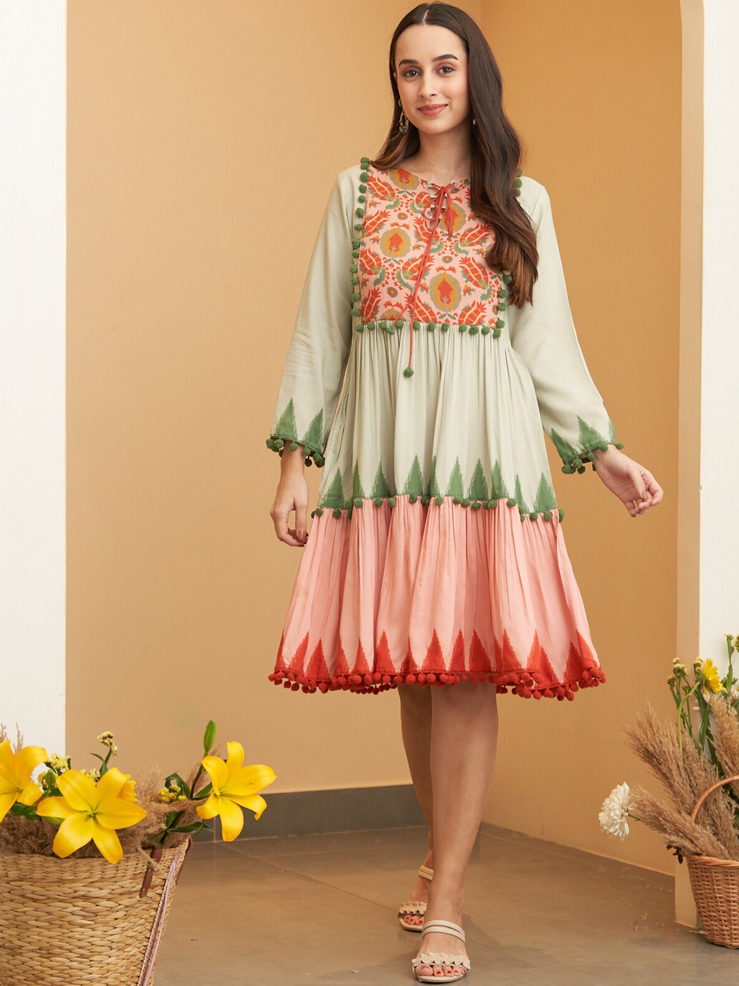 

Rustorange Floral Print Tie-Up Neck Puff Sleeve Fit & Flare Dress, Green