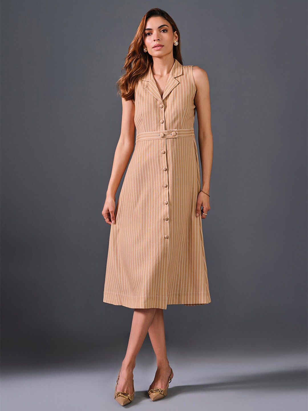 

AND Lapel Collar Sleeveless Striped A-Line Midi Dress, Brown