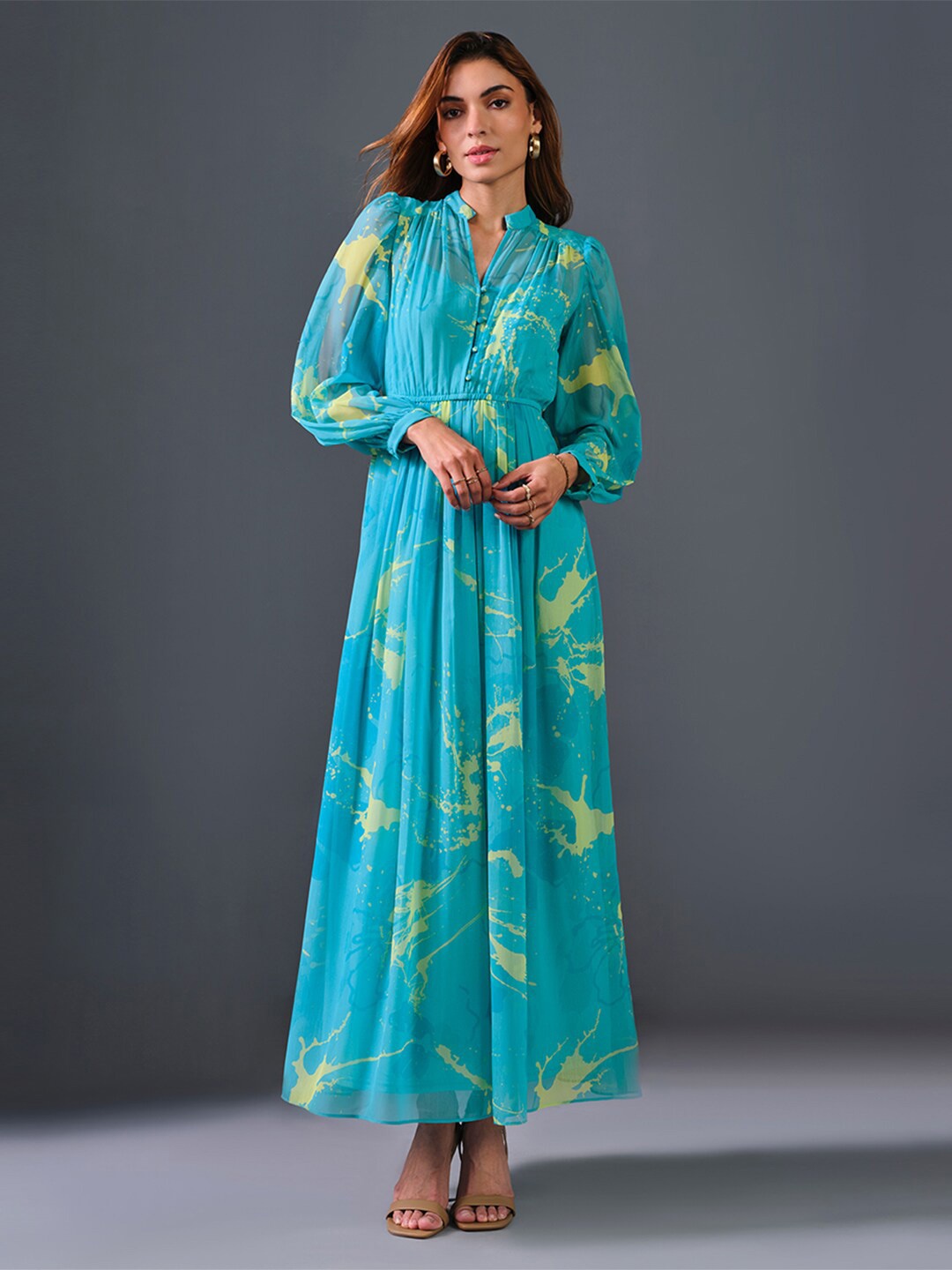 

AND Abstract Printed Mandarin Collar A-Line Dress, Turquoise blue