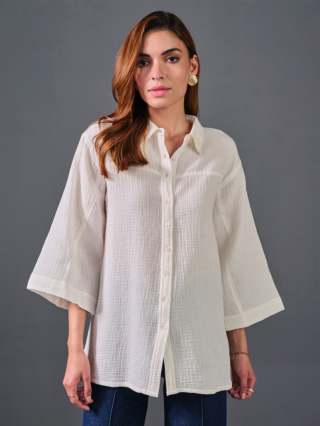 

AND Flared Sleeve Pure Cotton Shirt Style Top, White