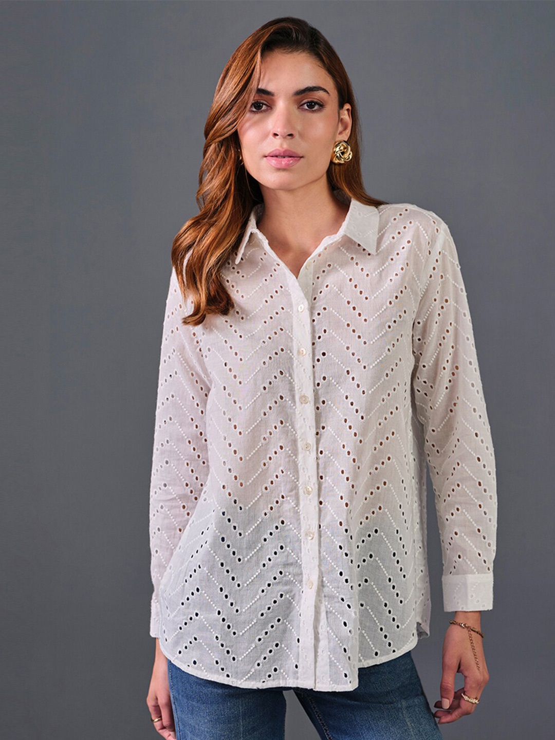 

AND Pure Cotton Schiffli Shirt Style Top, White