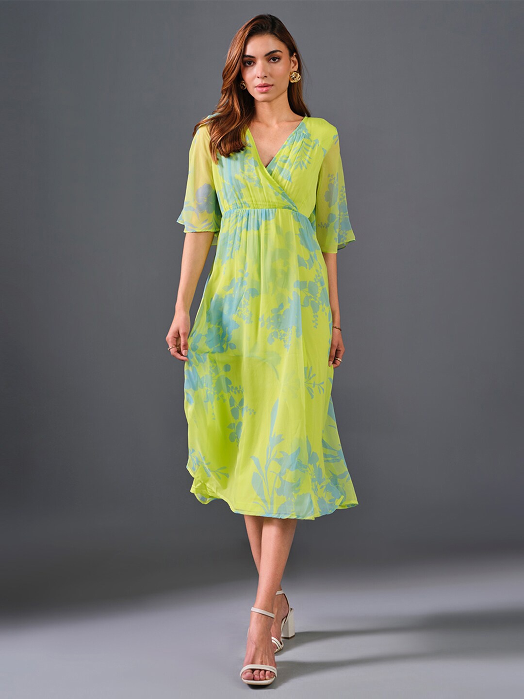 

AND Floral Printed V-Neck Flared Sleeve Empire Midi Dress, Green