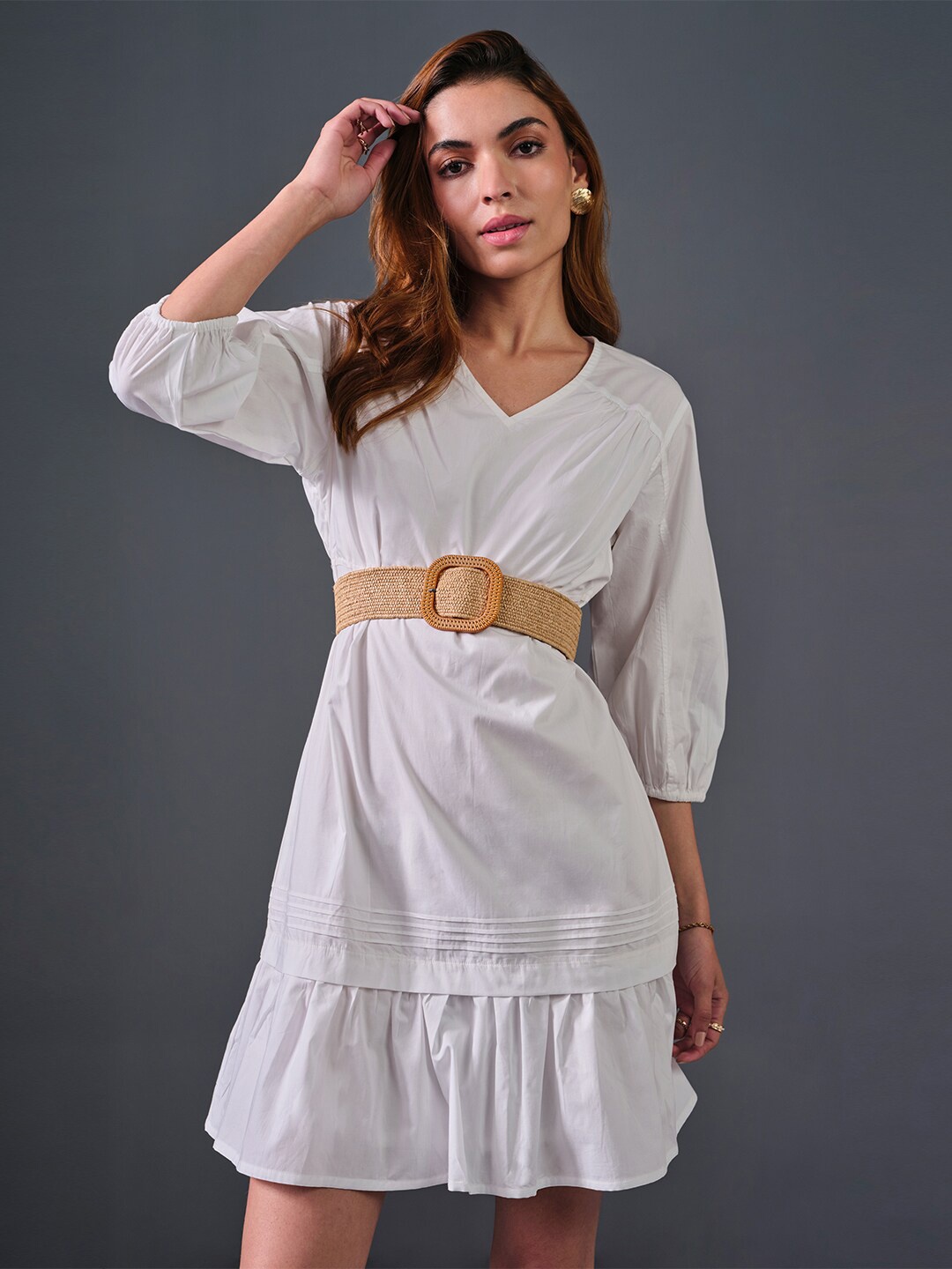 

AND V-Neck Cuffed Sleeves Cotton A-Line Dress, White
