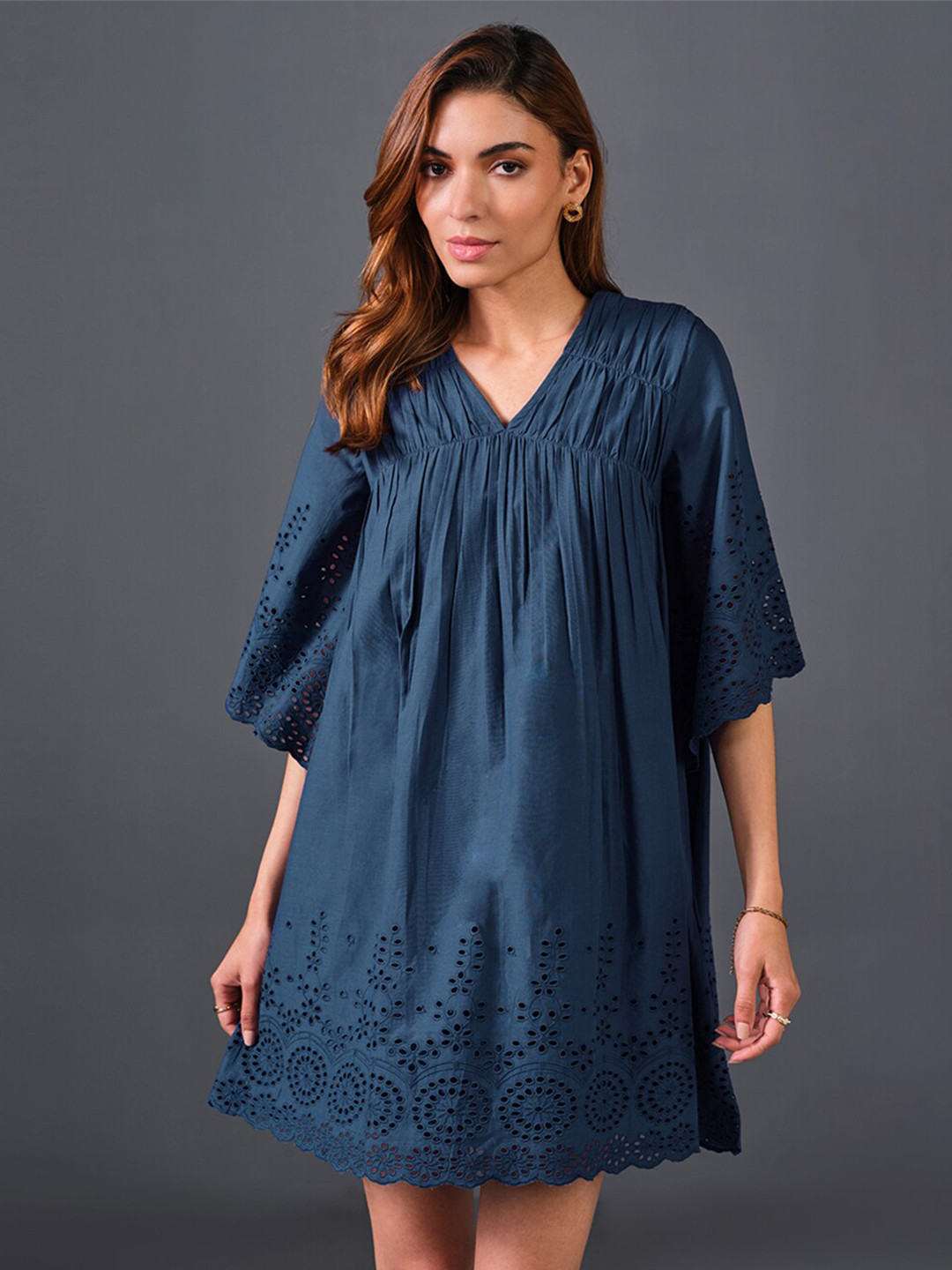 

AND Self Design V-Neck Flared Sleeves Cut-Outs Cotton A-Line Dress, Navy blue