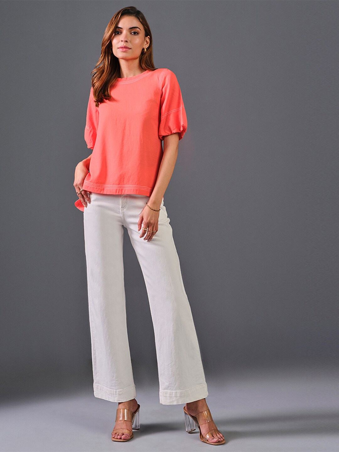 

AND Round Neck Puff Sleeves High-Low Top, Orange