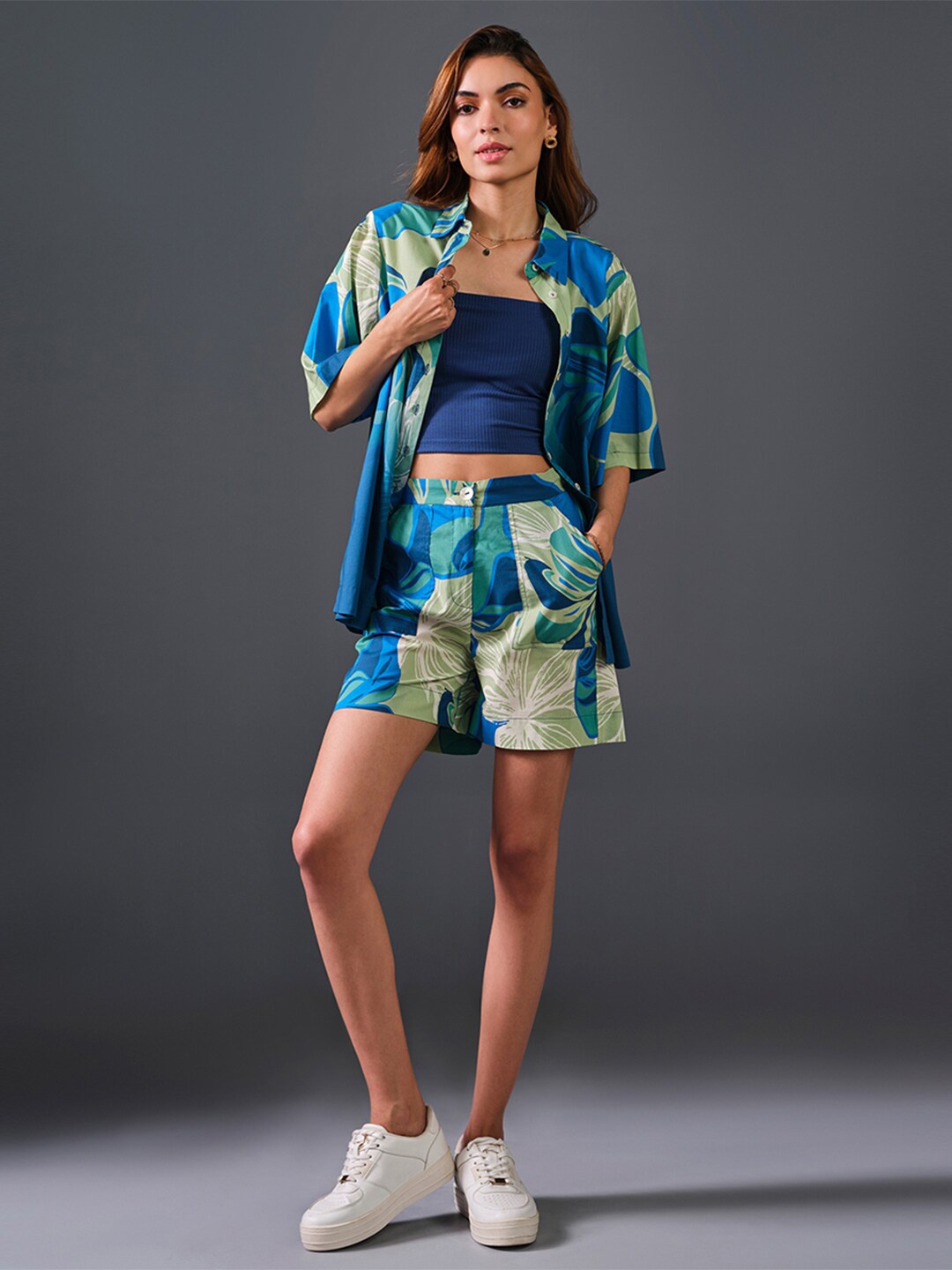 

AND Printed Shirt Collar Shirt With Shorts, Blue