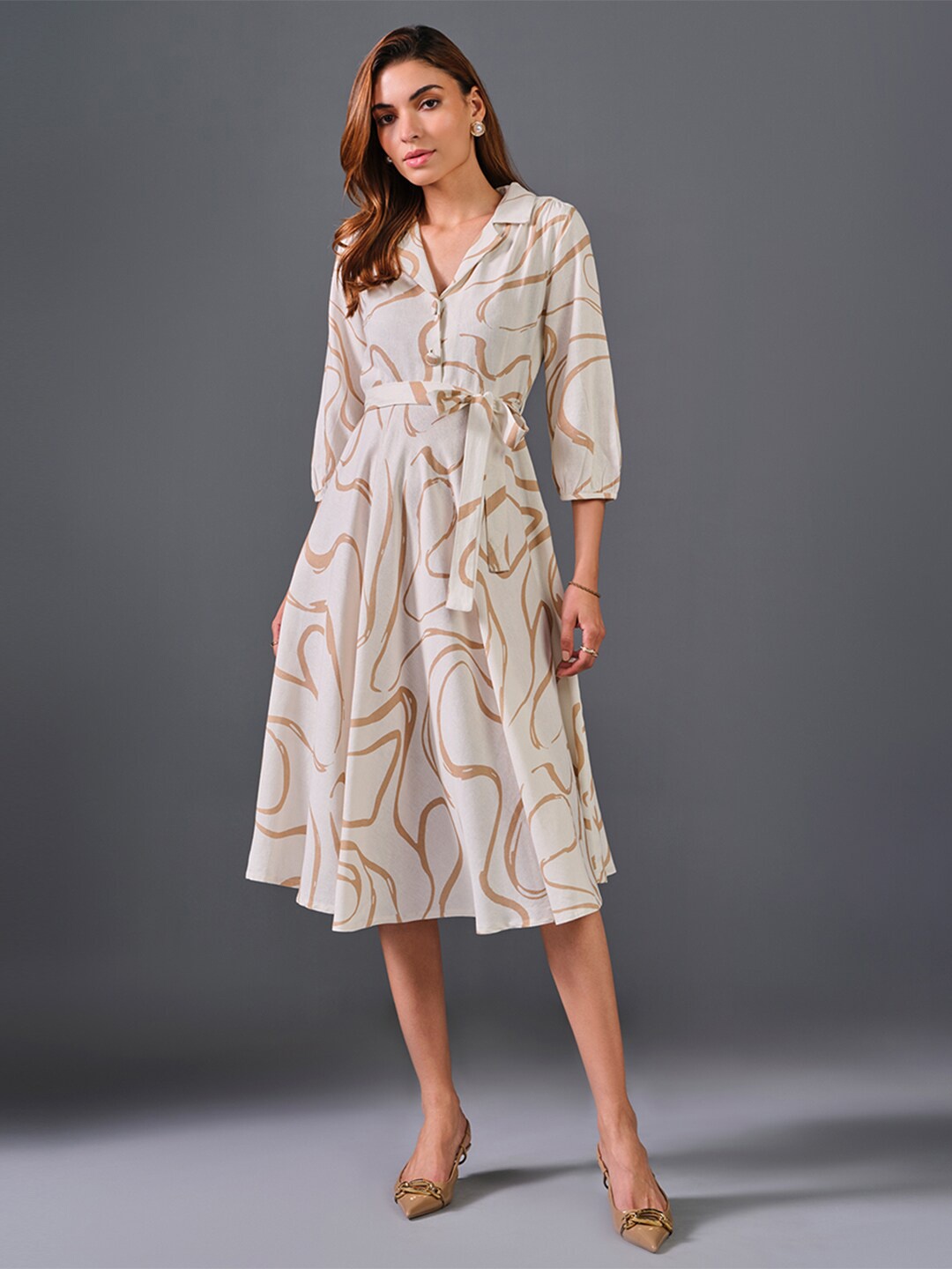 

AND Abstract Printed Cuffed Sleeves Shirt Midi Dress, Cream