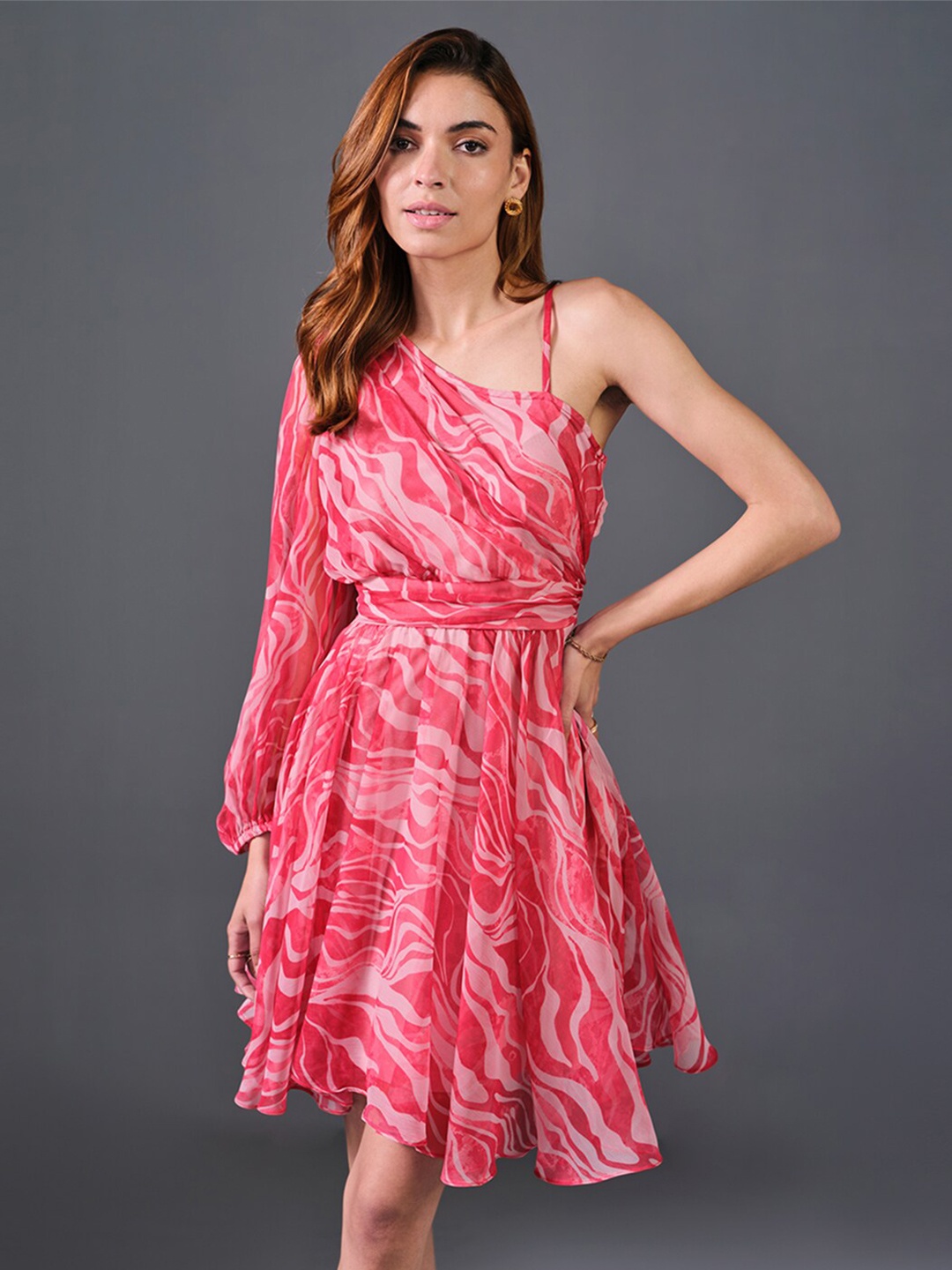 

AND Abstract Printed Asymmetric Neck Fit & Flare Dress, Pink