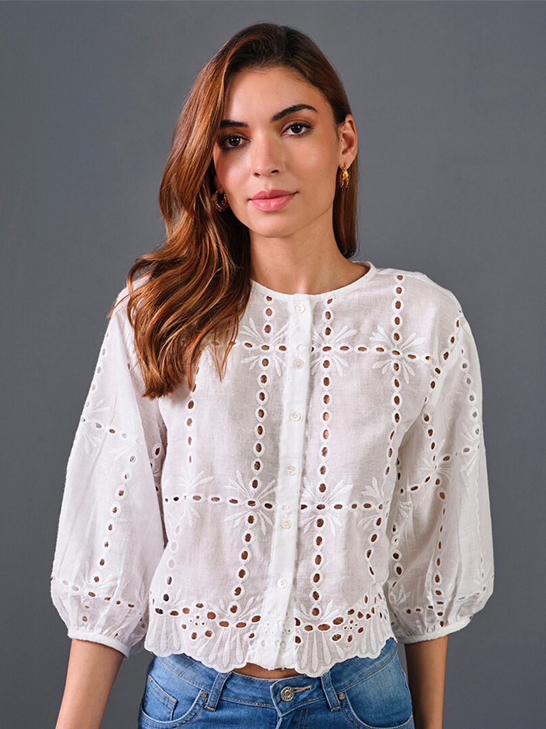

AND Self Design Puff Sleeve Pure Cotton Schiffli Top, White