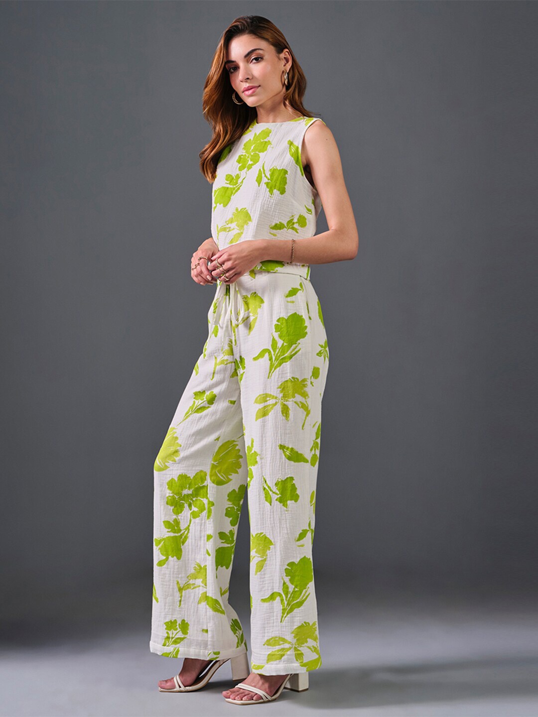 

AND Printed Pure Cotton Top With Palazzo, Cream