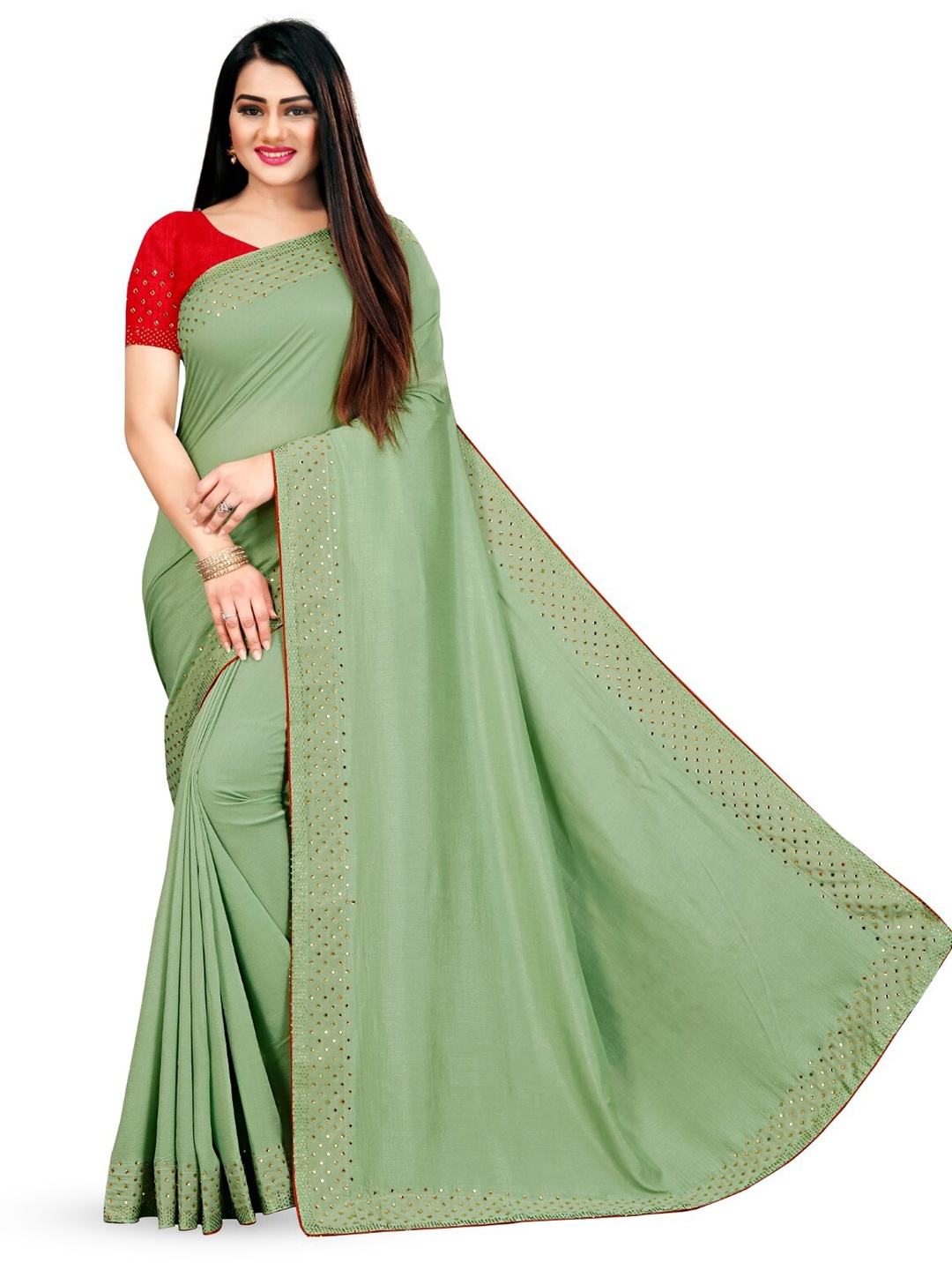 

PUNYATHA CREATION Beads And Stones Embellished Border Saree, Olive