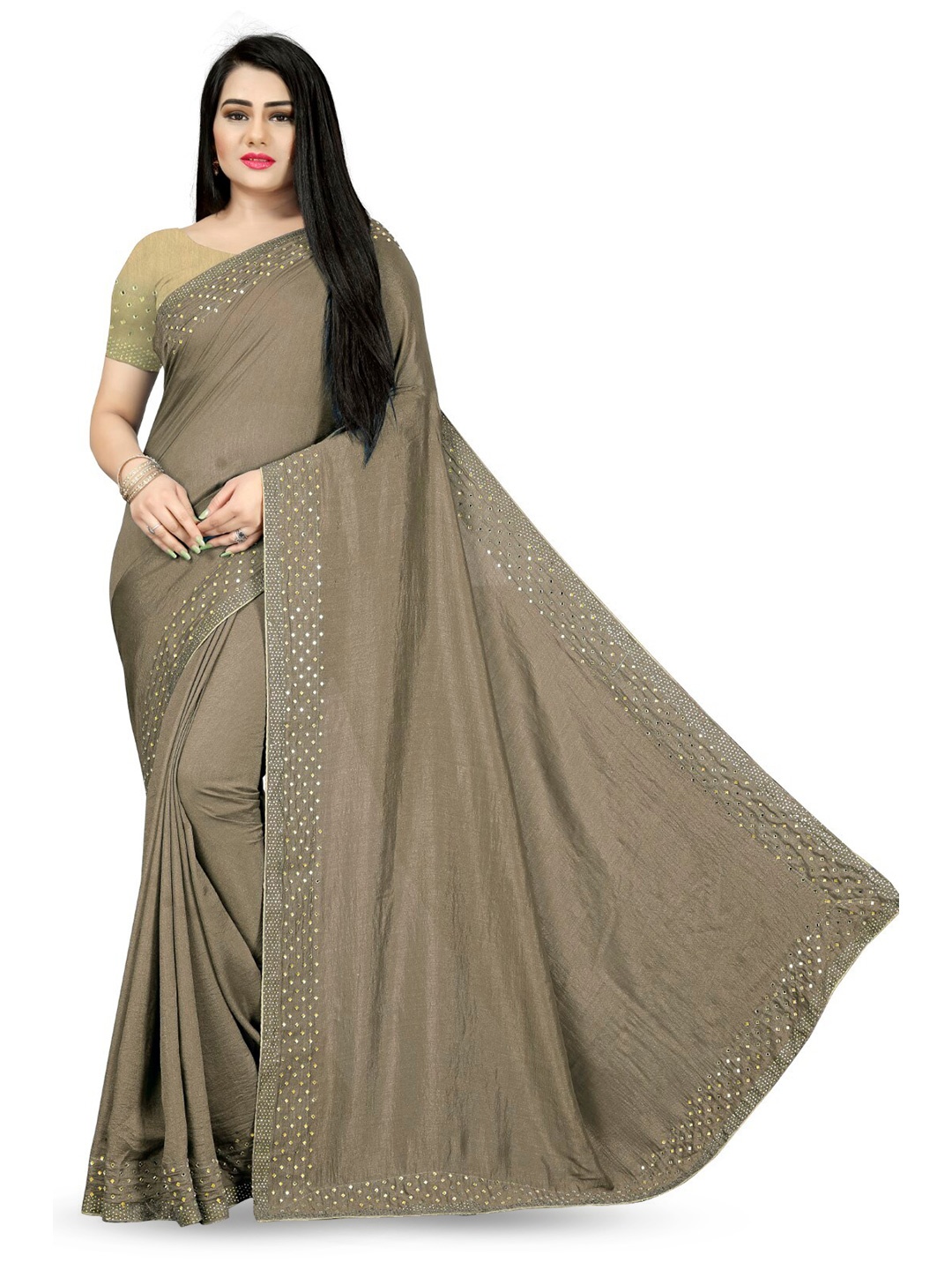 

PUNYATHA CREATION Beads And Stones Embellished Border Saree, Coffee brown