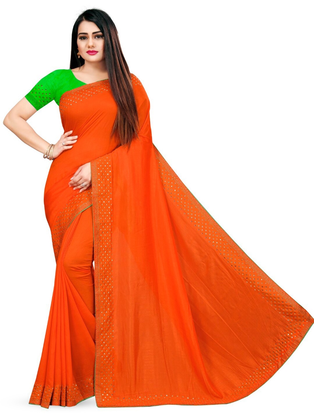 

PUNYATHA CREATION Beads And Stones Embellished Border Saree, Orange