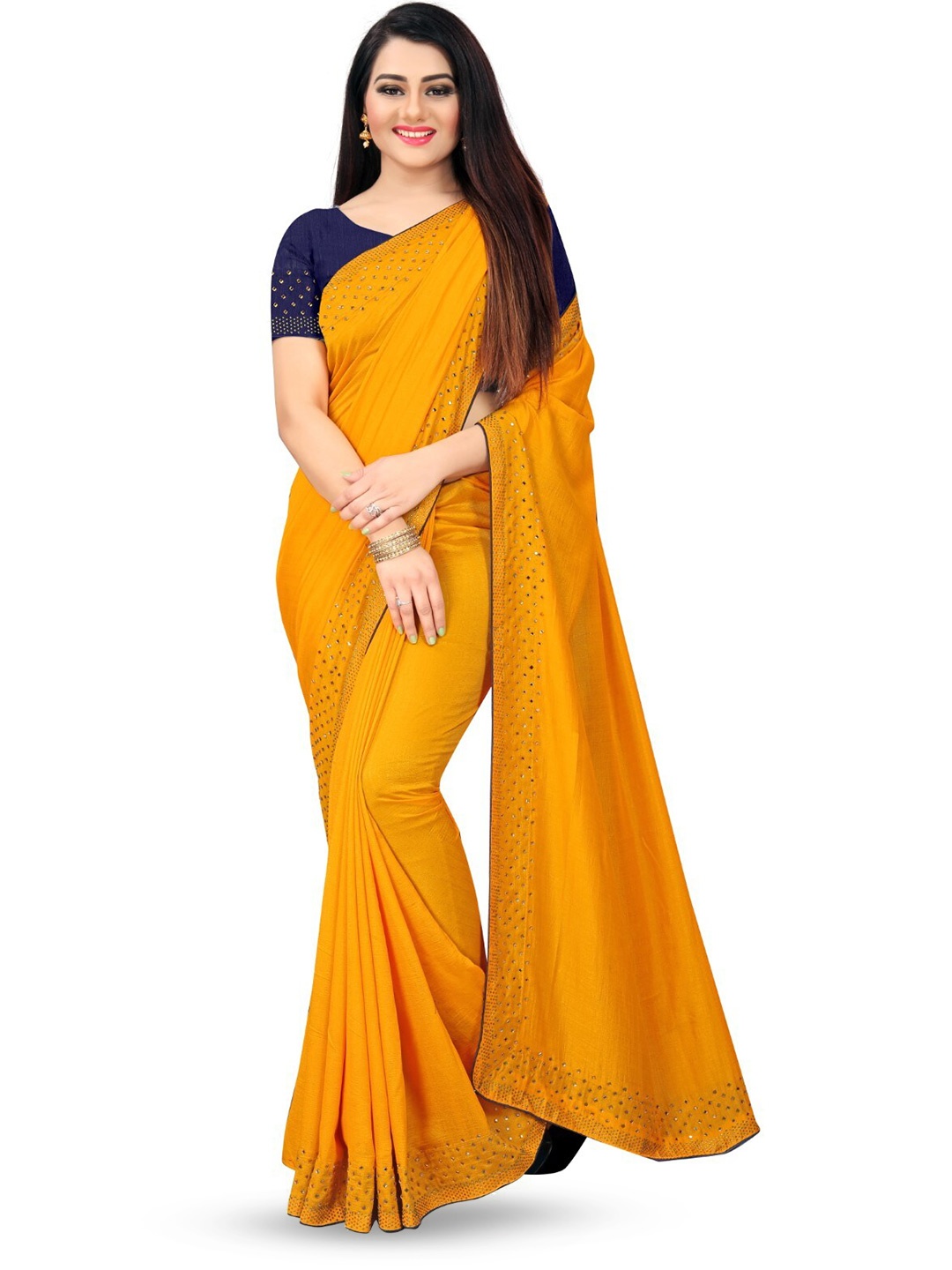 

PUNYATHA CREATION Beads And Stones Embellished Border Saree, Mustard