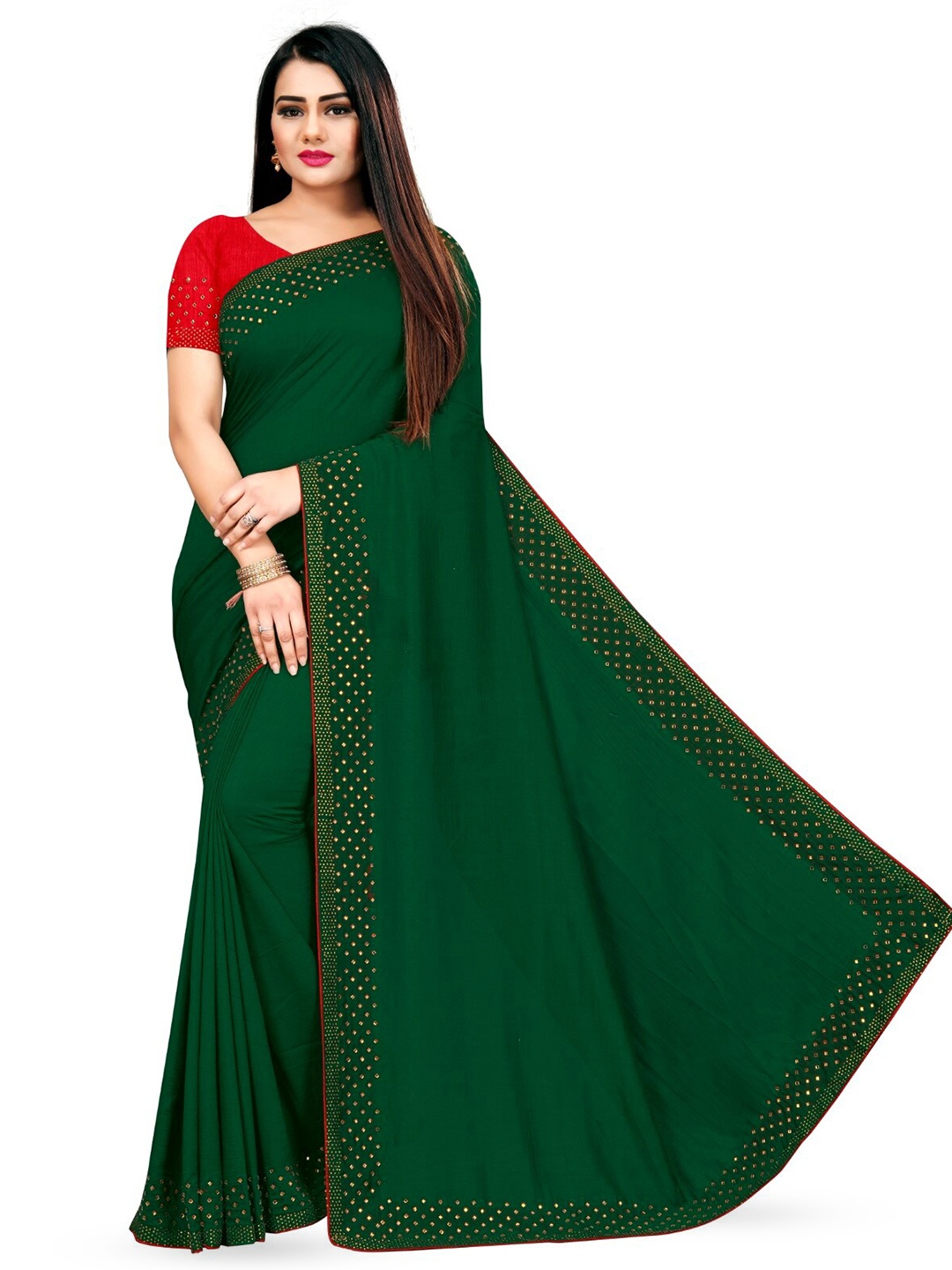 

PUNYATHA CREATION Beads And Stones Embellished Border Saree, Green