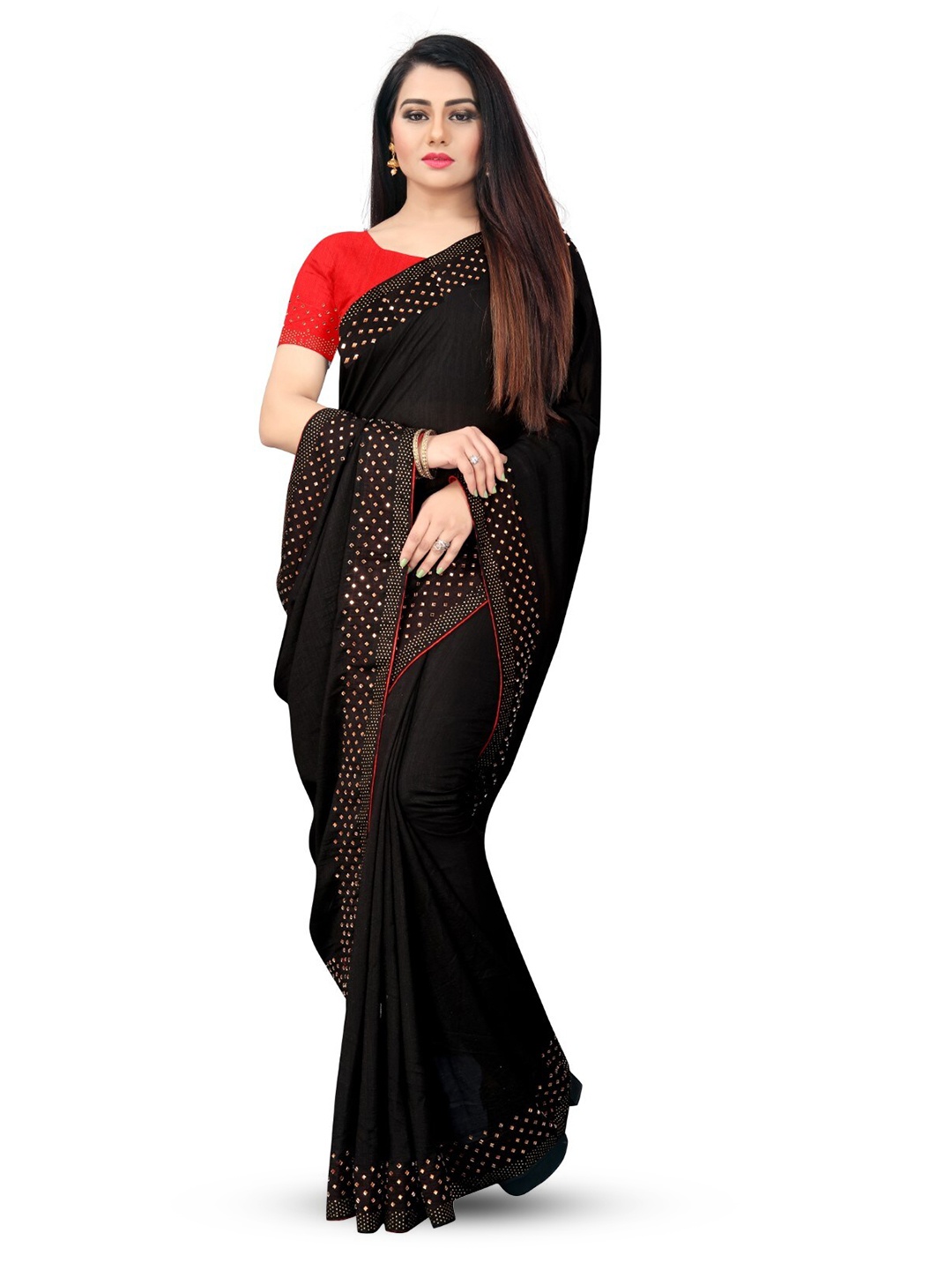 

PUNYATHA CREATION Beads And Stones Embellished Border Saree, Black