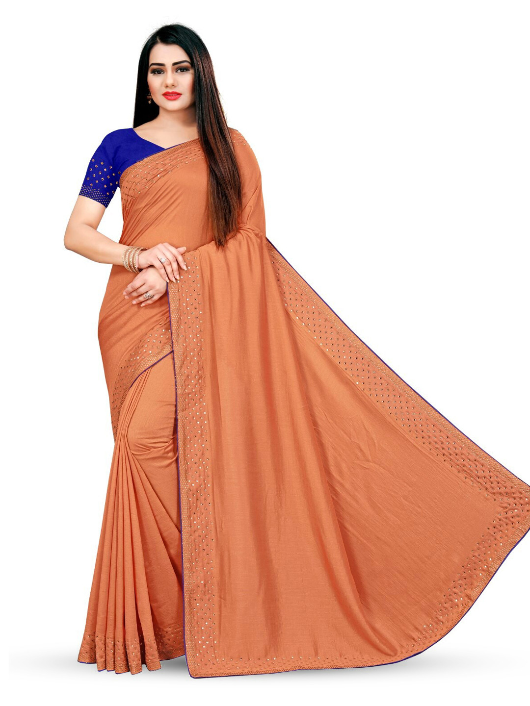 

PUNYATHA CREATION Beads And Stones Embellished Border Saree, Rust