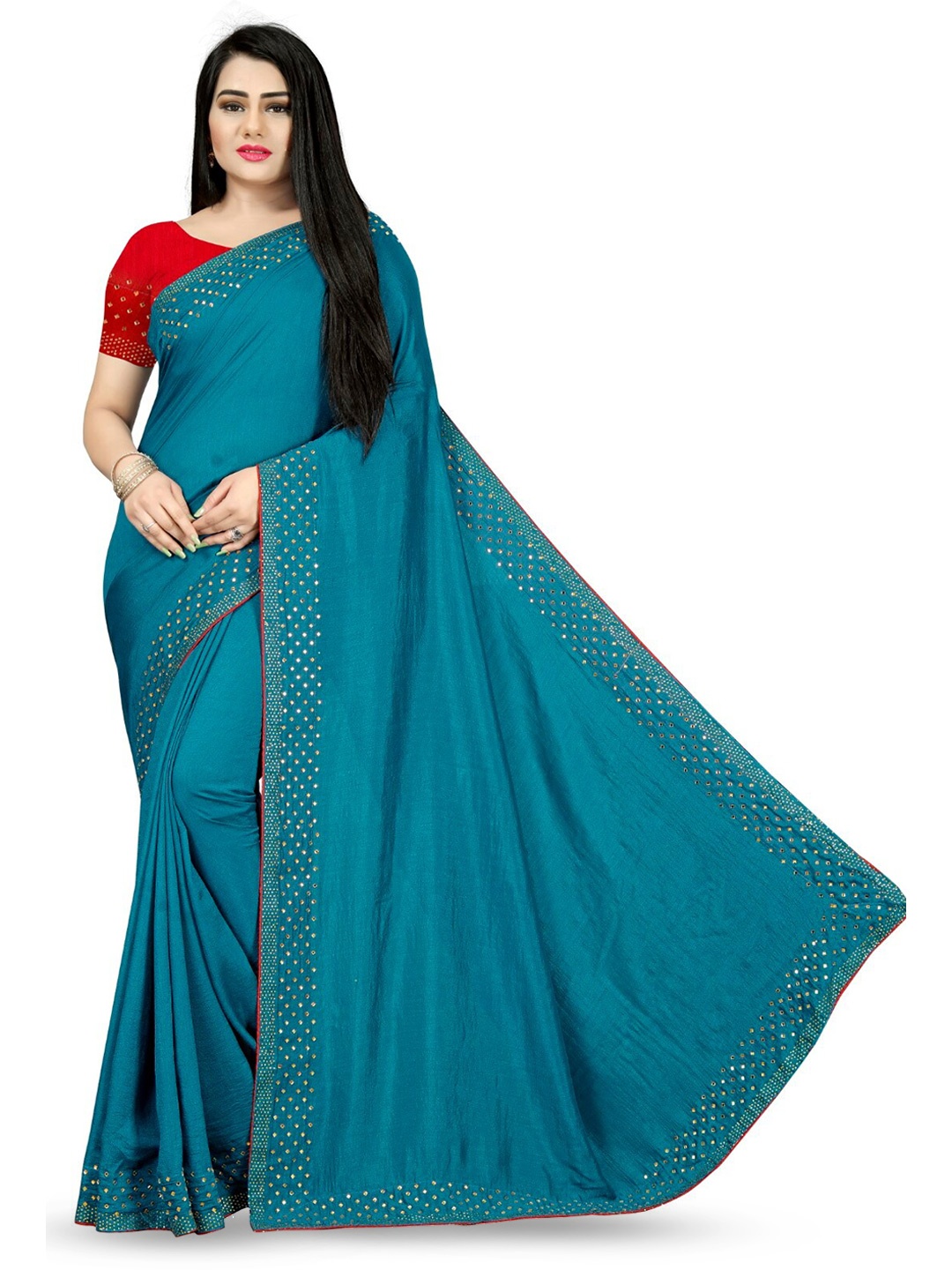 

PUNYATHA CREATION Beads And Stones Embellished Border Saree, Teal