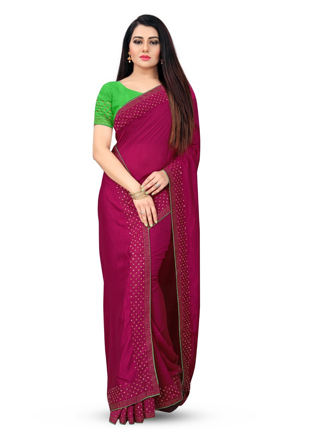 

PUNYATHA CREATION Beads And Stones Embellished Border Saree, Maroon