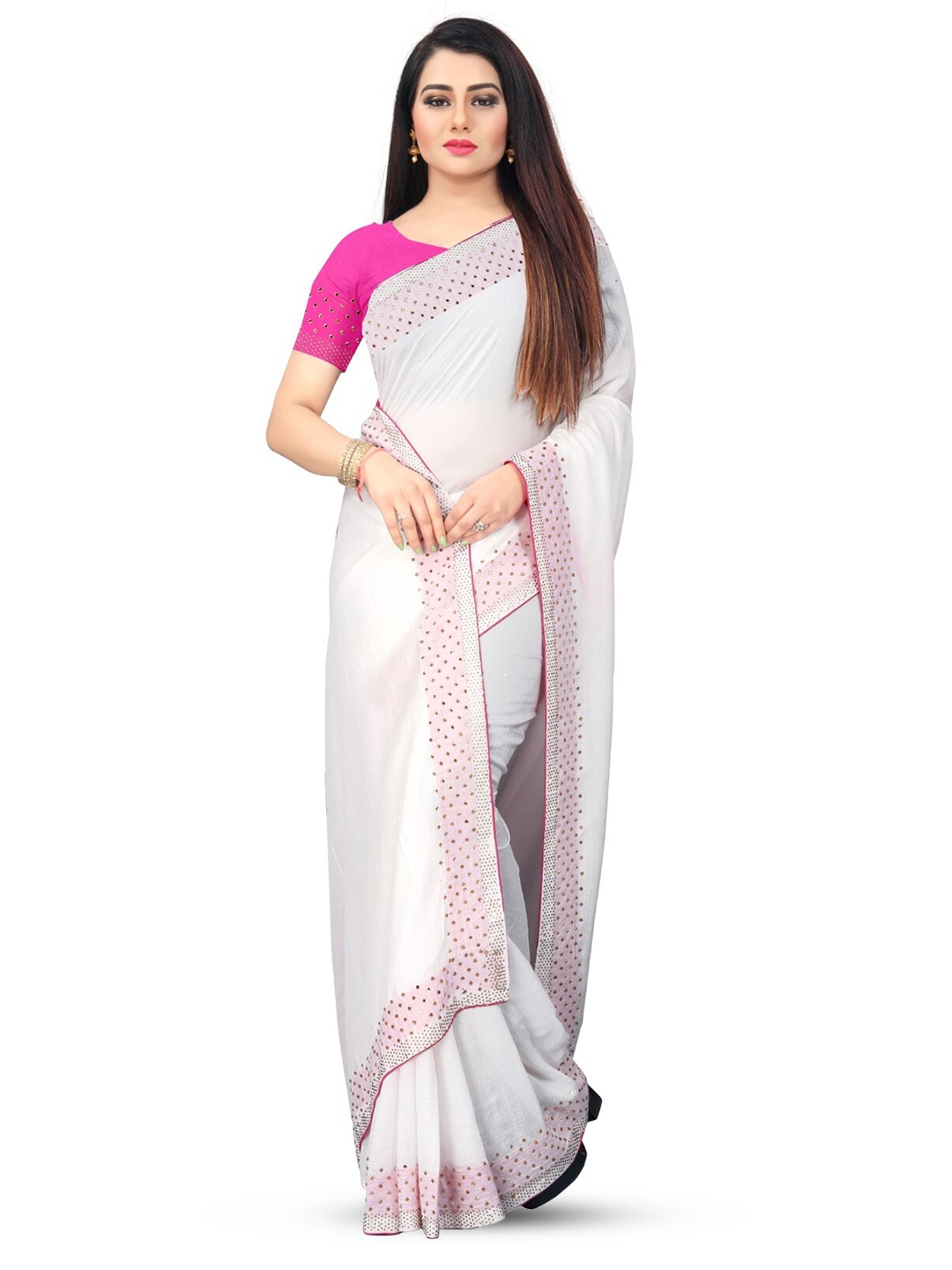 

PUNYATHA CREATION Beads And Stones Embellished Border Saree, Off white