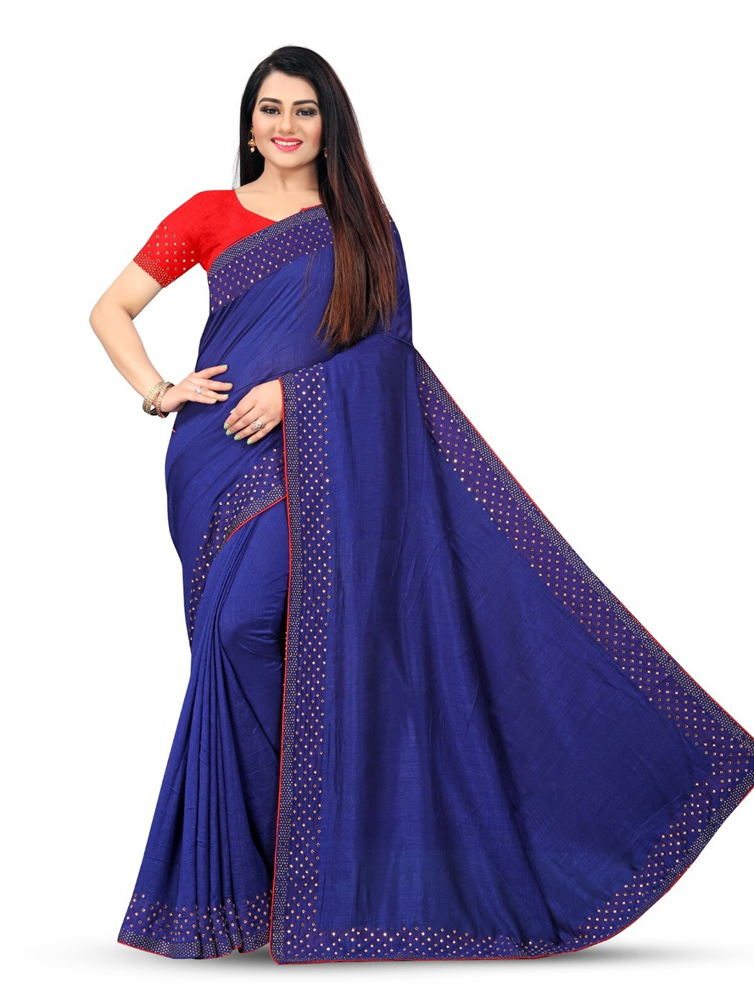 

PUNYATHA CREATION Beads And Stones Embellished Border Saree, Navy blue