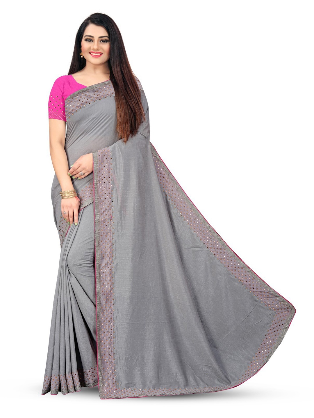

PUNYATHA CREATION Beads And Stones Embellished Border Saree, Grey