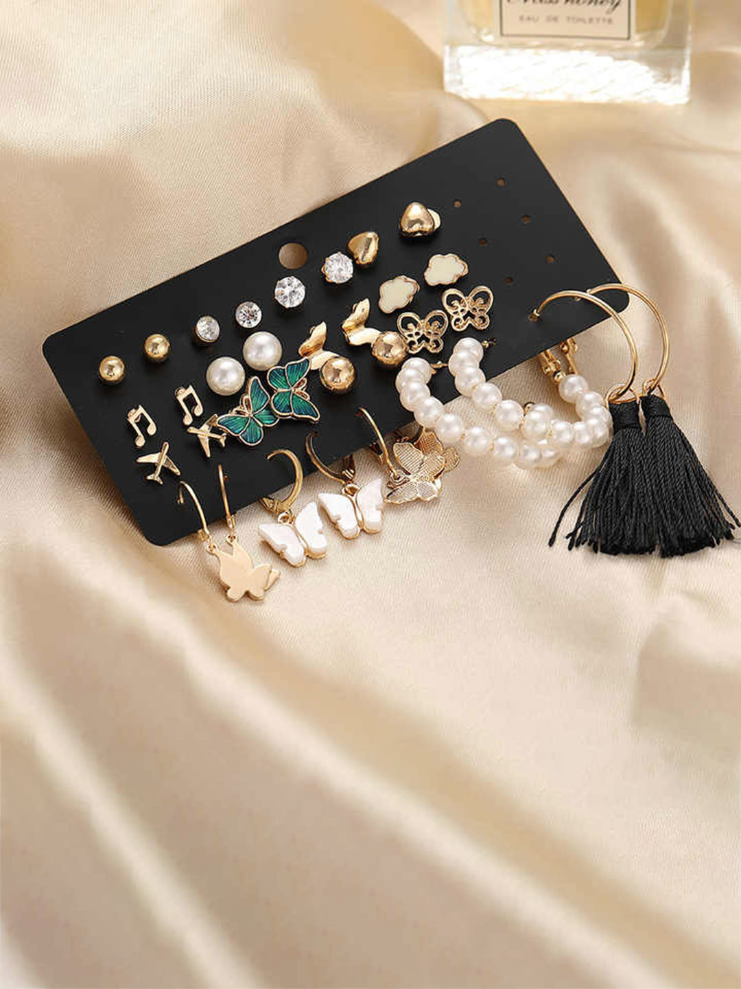 

RARE1STUDIO Set Of 17 Gold-Plated Cubic Zirconia Studded Classic Studs Earrings