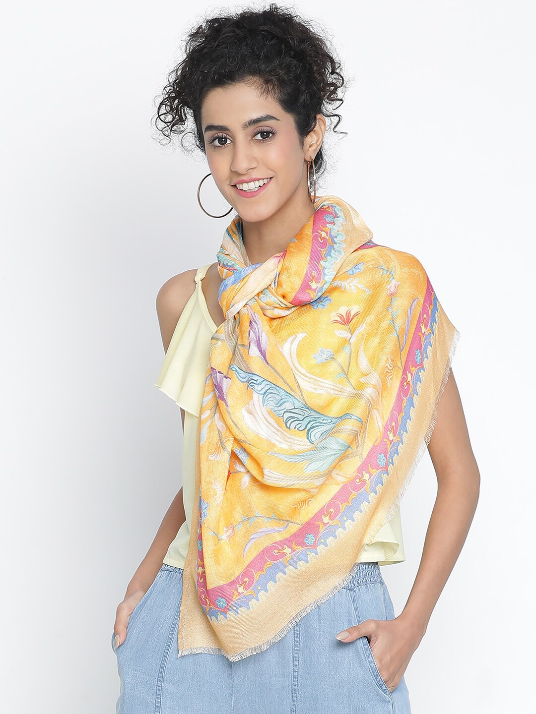 

SHINGORA Floral Printed Stole, Yellow