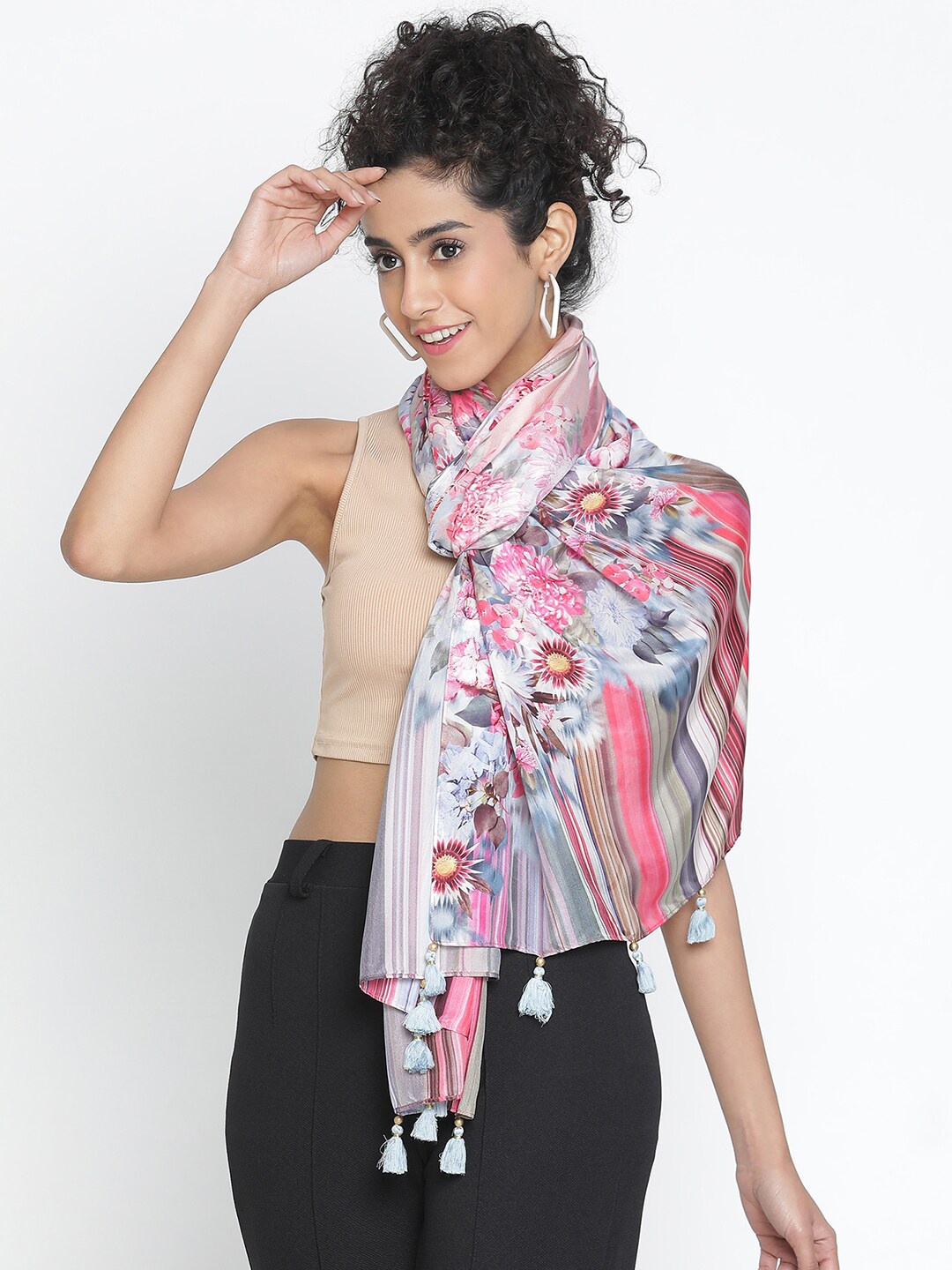 

SHINGORA Floral Printed Pure Silk Stole, Pink