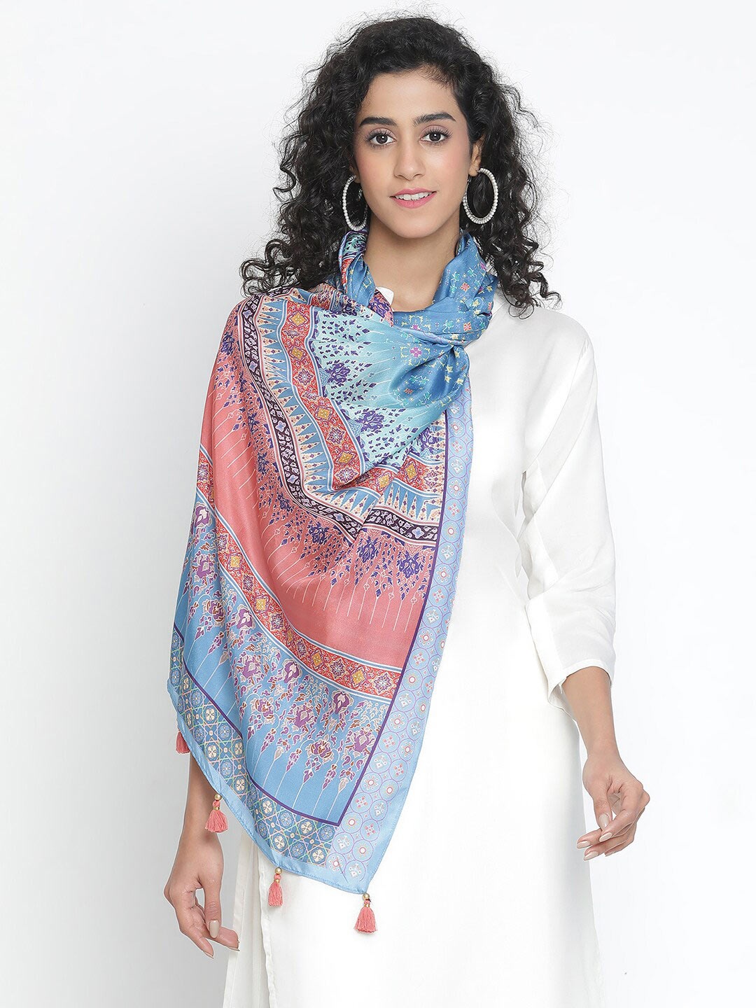 

SHINGORA Floral Printed Pure Silk Stole, Blue