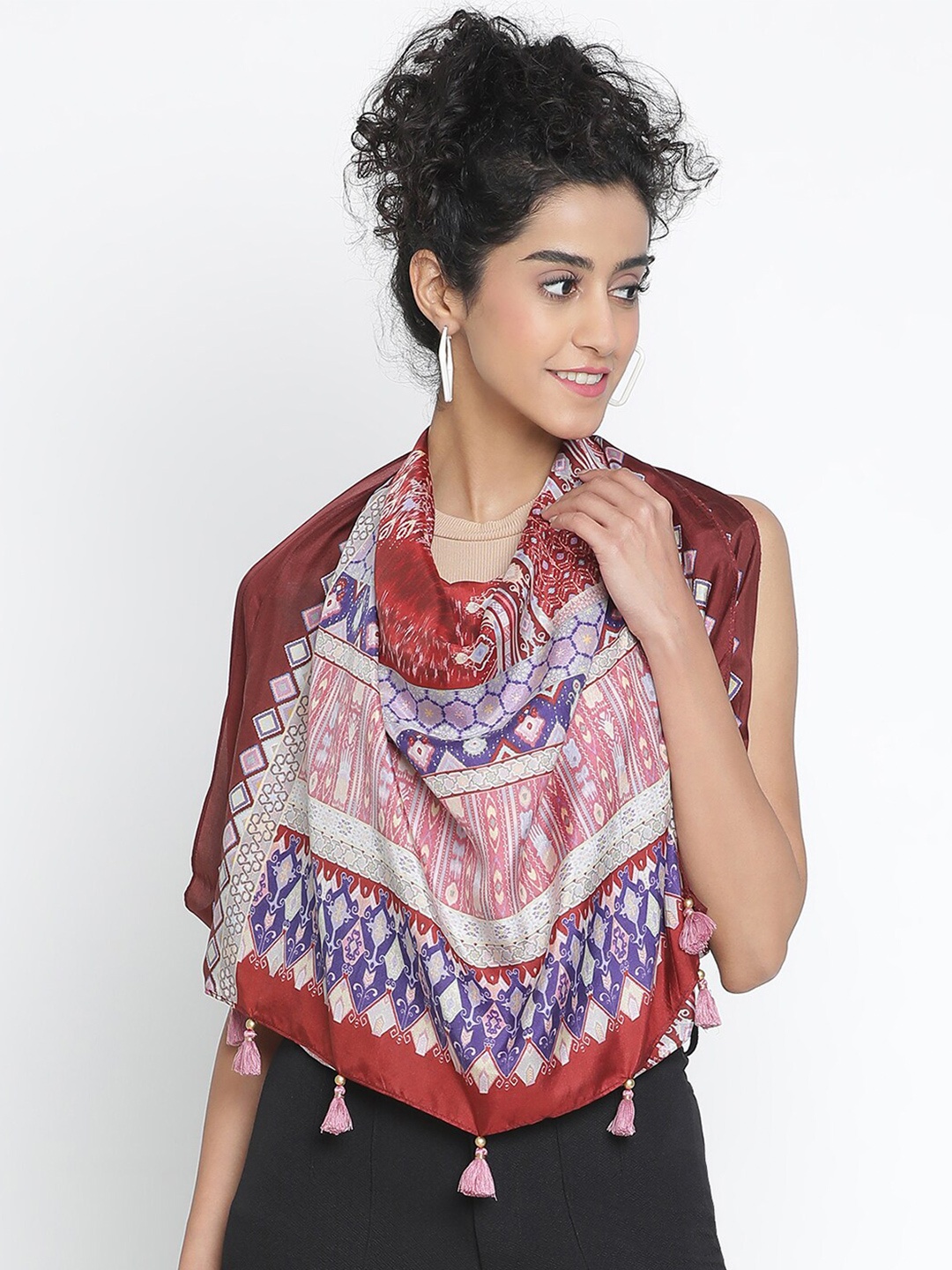 

SHINGORA Ethnic Motifs Printed Pure Silk Stole, Maroon