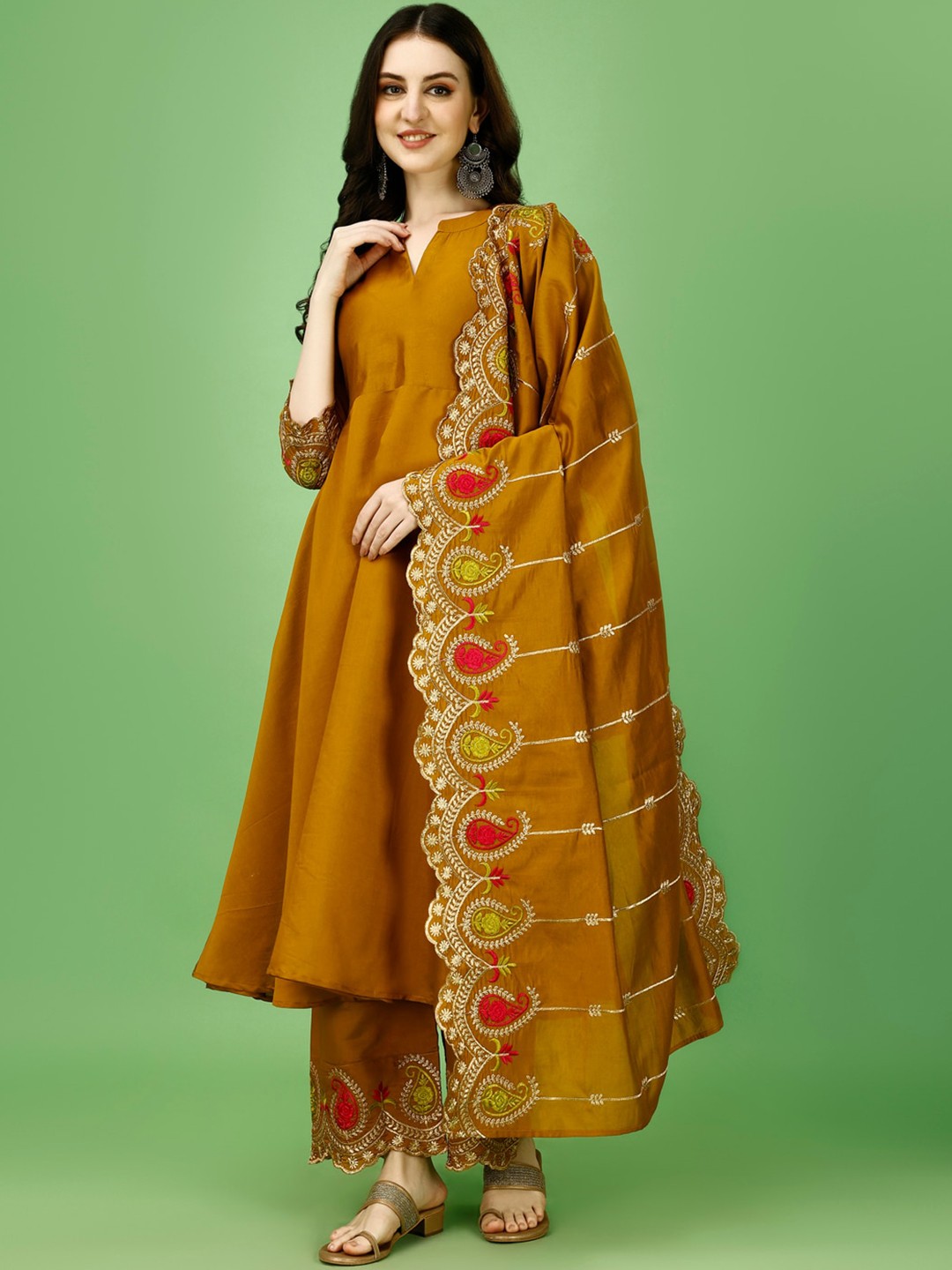 

KALINI Ethnic Motifs Empire Thread Work Kurta & Palazzos With Dupatta, Yellow
