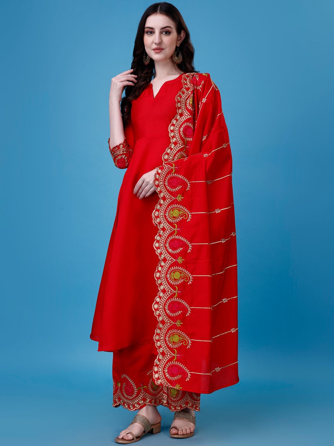 

KALINI Ethnic Motifs Empire Thread Work Kurta & Palazzos With Dupatta, Red