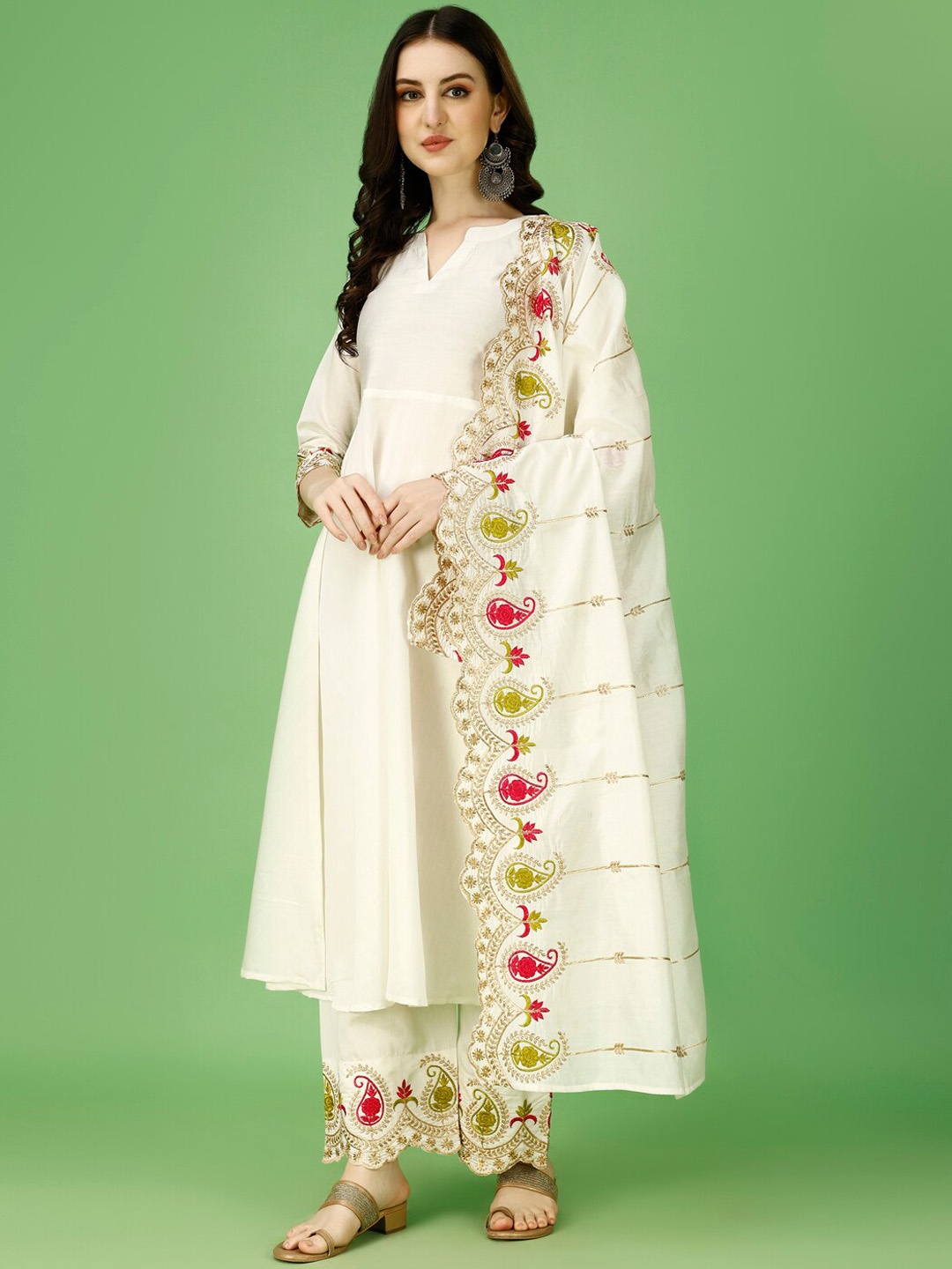 

KALINI Ethnic Motifs Empire Thread Work Kurta & Palazzos With Dupatta, White