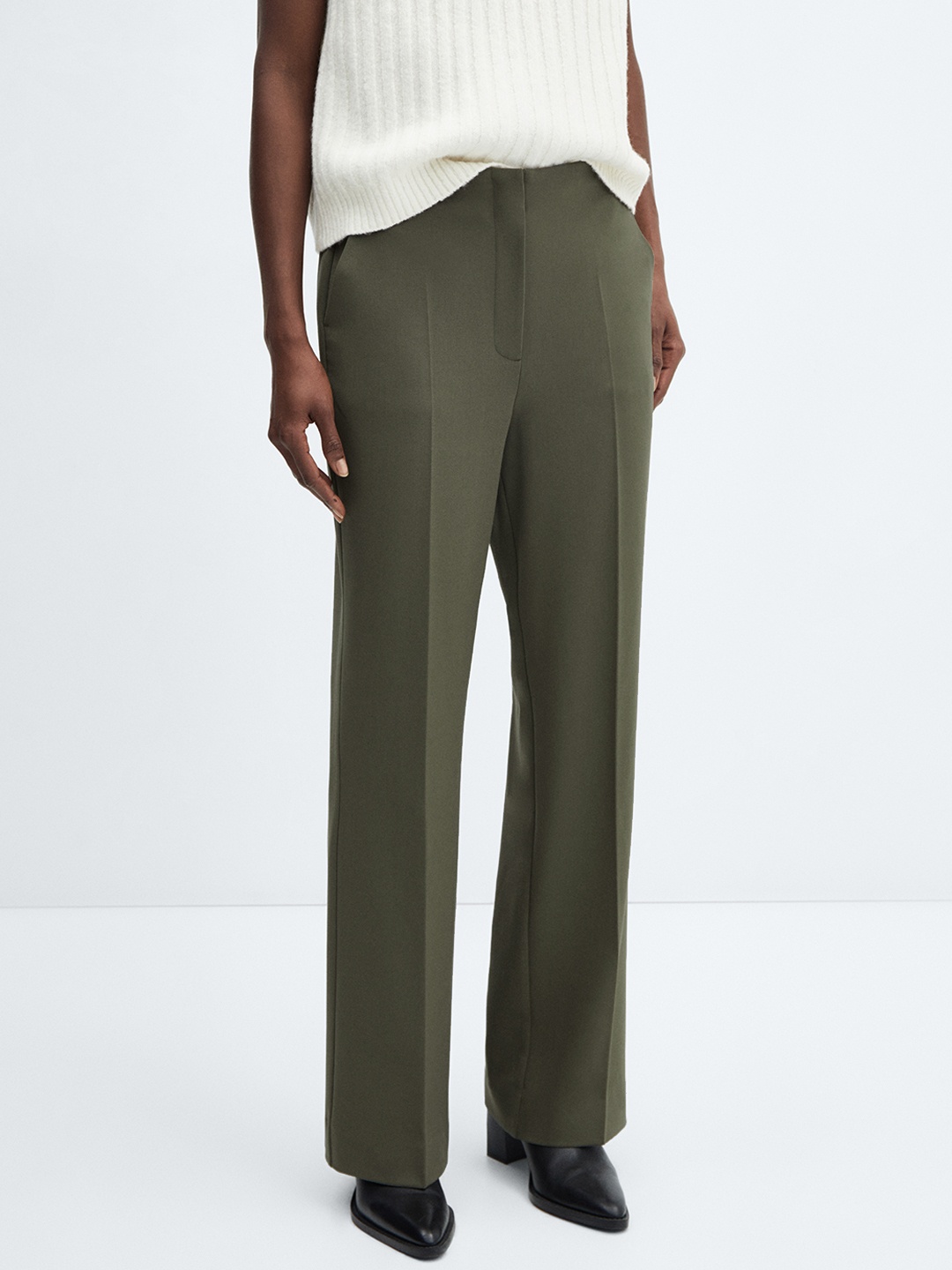 

MANGO Women Straight Fit Pleated Trousers, Olive